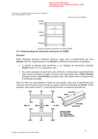 Edited by Foxit PDF Editor
                                                        Copyright (c) by Foxit Software Company, 2004
                                                        For Evaluation Only.



Treinamento em Modelagem de Equipamentos e Tubulações
Aveva Vantage PDMS 11.6 SP2
                                                                                 Introdução a Estrutura Metálica


                                           PNOD
                                               PJOI


                                                             SCTN
                                           SNOD
                                               SJOI



                                           PNOD


                                          Estrutura simples mostrando sua conectividade
       4.1.1 Representação de elementos estruturais no PDMS
       Sections
       Cada elemento estrutura individual (colunas, vigas, etc) é representado por uma
       Section (SCTN). A geometria de uma Section é definida por dois tipos de atributos:

            •   A section é definida pela referência a um catálogo de elementos chamado
                Profile (Perfis I, H, U, cantoneiras, etc).

            •   Os outros aspectos da geometria são definidos e manipulados especificamente
                pelo usuário conforme o projeto. Os dois mais importantes são o Start Position
                (posição inicial) e End Position (posição final). Eles determinam o comprimento
                e orientação da seção.
       Para se referir às extremidades e faces de uma seção, cada uma é identificada pelo
       nome de uma linha que corre ao longo da seção. Elas são chamadas de P-lines. Como
       exemplo, será usado o perfil “I”, para identificar todos os aspectos geométricos.




                                                                                                             81
Proibida a reprodução sem prévia autorização
 