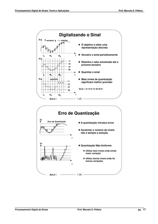 Processamento Digital de Sinais: Teoria e Aplicações                                                                   Prof. Marcelo E. Pellenz




                                                 Digitalizando o Sinal
                      |A|         amostre &       retenha

                                                                                O objetivo é obter uma
                                                                                representação discreta


                             ts     4ts         8ts                  t          Amostre o sinal periodicamente
                      |A|
                                                            11
                                                                                Retenha o valor amostrado até a
                                                            10
                                                                                próxima amostra
                                                            01
                                                            00
                                                                                Quantize o sinal
                             ts     4ts         8ts                  t

                      |A|            quantize                                   Mais níveis de quantização
                                                            11
                                                ? ? ?                           significam melhor precisão
                                                            10
                                                            01
                                                                              Sinal = 10 10 01 01 00 00 01
                                                            00

                             ts     4ts         8ts                      t

                                    AULA 1                                   1-25




                                                Erro de Quantização
                       |A|
                                   Erro de Quantização
                                                                                A quantização introduz erros


                                                                                Aumentar o número de níveis
                                                                                não é sempre a solução
                                                                 t


                       |A|
                                                                                Quantização Não-Uniforme

                                                                                     Utiliza mais níveis onde existe
                                                                                     maior variação

                                                                                     Utiliza menos níveis onde há
                                                                                     menos variações
                                                                 t




                                    AULA 1                                   1-26




Processamento Digital de Sinais                                              Prof. Marcelo E. Pellenz                                     pg. 17
 