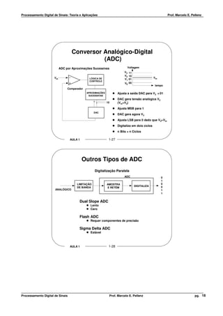 Processamento Digital de Sinais: Teoria e Aplicações                                                       Prof. Marcelo E. Pellenz




                                      Conversor Analógico-Digital
                                                (ADC)
                            ADC por Aproximações Sucessivas                 Voltagem
                                                                          V3 11
                                                                          V2 10
                      Vin         -            LÓGICA DE                                         Vin
                                                                          V1 01
                                               CONTROLE
                                  +                                       V0 00
                                                                                                  tempo
                                 Comparador
                                              APROXIMAÇÕES           Ajusta a saída DAC para V2 = 01
                                               SUCESSIVAS
                                                                     DAC gera tensão analógica V2
                                                             10      (Vin>V2)
                                                                     Ajusta MSB para 1
                                                   DAC
                                                                     DAC gera agora V3
                                                                     Ajusta LSB para 0 dado que V3>Vin
                                                                     Digitaliza em dois ciclos
                                                                     n Bits = n Ciclos

                                  AULA 1                      1-27




                                           Outros Tipos de ADC
                                                   Digitalização Paralela
                                                                          ADC                          0
                                                                                                       1
                                       LIMITAÇÃO             AMOSTRA                                   0
                                                                                  DIGITALIZA           0
                                       DE BANDA              E RETÊM
                       ANALÓGICO                                                                       1
                                                                                                       1


                                        Dual Slope ADC
                                                Lento
                                                Caro

                                        Flash ADC
                                                Requer componentes de precisão

                                        Sigma Delta ADC
                                                Estável



                                  AULA 1                      1-28




Processamento Digital de Sinais                               Prof. Marcelo E. Pellenz                                        pg. 18
 