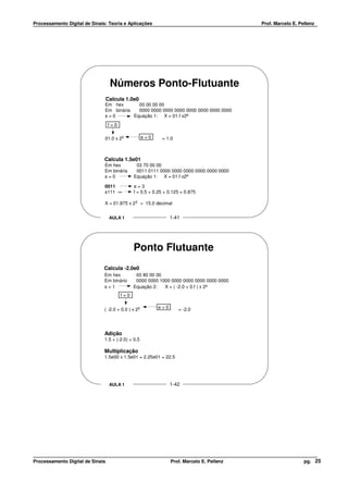 Processamento Digital de Sinais: Teoria e Aplicações                                        Prof. Marcelo E. Pellenz




                                   Números Ponto-Flutuante
                                  Calcula 1.0e0
                               Em hex       00 00 00 00
                               Em binária   0000 0000 0000 0000 0000 0000 0000 0000
                               s=0        Equação 1: X = 01.f x2e
                                  f=0

                               01.0 x 20             e=0    = 1.0



                               Calcula 1.5e01
                               Em hex          03 70 00 00
                               Em binária      0011 0111 0000 0000 0000 0000 0000 0000
                               s=0            Equação 1: X = 01.f x2e

                               0011           e=3
                               s111 ...       f = 0.5 + 0.25 + 0.125 = 0.875

                               X = 01.875 x 23 = 15.0 decimal


                                   AULA 1                        1-41




                                              Ponto Flutuante
                               Calcula -2.0e0
                               Em hex          00 80 00 00
                               Em binário      0000 0000 1000 0000 0000 0000 0000 0000
                               s=1            Equação 2:   X = ( -2.0 + 0.f ) x 2e
                                        f=0


                               ( -2.0 + 0.0 ) x 20         e=0      = -2.0




                               Adição
                               1.5 + (-2.0) = 0.5

                               Multiplicação
                               1.5e00 x 1.5e01 = 2.25e01 = 22.5




                                   AULA 1                        1-42




Processamento Digital de Sinais                                  Prof. Marcelo E. Pellenz                      pg. 25
 