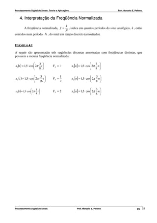 Processamento Digital de Sinais: Teoria e Aplicações                                  Prof. Marcelo E. Pellenz


    4. Interpretação da Freqüência Normalizada
                                       k
          A freqüência normalizada, f =  , indica em quantos períodos do sinal analógico, k , estão
                                       N
contidos num período, N , do sinal em tempo discreto (amostrado).


EXEMPLO 4.1

A seguir são apresentadas três seqüências discretas amostradas com freqüências distintas, que
possuem a mesma freqüência normalizada:

                    3                                                   3 
x1 (t ) = 1,5 ⋅ cos 2π t          FS = 1             x1 [n] = 1,5 ⋅ cos 2π n 
                    8                                                   8 

                       3                 1                               3 
x 2 (t ) = 1,5 ⋅ cos 2π t         FS =               x 2 [n] = 1,5 ⋅ cos 2π n 
                     16                  2                               8 

                       3                                                 3 
x 3 (t ) = 1,5 ⋅ cos 2π t         FS = 2             x3 [n ] = 1,5 ⋅ cos 2π n 
                       4                                                 8 




Processamento Digital de Sinais                            Prof. Marcelo E. Pellenz                      pg. 32
 