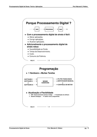 Processamento Digital de Sinais: Teoria e Aplicações                                                  Prof. Marcelo E. Pellenz




                          Porque Processamento Digital ?
                                            ADC            PROCESSA               DAC



                           Com o processamento digital de sinais é fácil:
                                  Alterar aplicações.
                                  Corrigir aplicações.
                                  Atualizar aplicações.
                           Adicionalmente o processamento digital de
                           sinais reduz:
                                  Suscetibilidade ao Ruído.
                                  Tempo de Desenvolvimento.
                                  Custo.
                                  Consumo de Potência.

                                   AULA 1                      1-3




                                                  Programação
                             1 Hardware = Muitas Tarefas


                       SOFTWARE 1                                               FILTRO PASSA-BAIXA
                                                                               SINTETIZADOR MUSICAL
                             .
                       SOFTWARE 2
                             .
                                                     MESMO
                                                    HARDWARE                             .
                                                                                         .
                       SOFTWARE N                                              CONTROLE DE MOTOR




                             Atualização e Flexibilidade
                                   DSP: Desenvolvimento de Novo Código      Atualização do software
                                   Sistema Analógico     Soldar novos componentes




                                   AULA 1                      1-4




Processamento Digital de Sinais                               Prof. Marcelo E. Pellenz                                   pg. 6
 