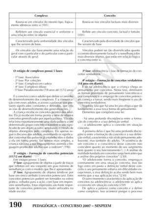 190 PEDAGÓGICA – CONCURSO 2007 – SINPEEM
SINPEEM
Complexo Conceito
Baseia-se em vínculos do mesmo tipo, logica-
mente idênticos entre si (181)
Baseia-se nos vínculos factuais mais diversos
Refletem um vínculo essencial e uniforme e
uma relação entre os objetos
Reflete um vínculo concreto, factual e fortuito
(181)
Caracterizado pela uniformidade dos vínculos
que lhe servem de base.
Caracterizado pela diversidade de vínculos que
lhe servem de base
Os vínculos são basicamente uma relação do
geral com o particular e do particular com o parti-
cular através do geral.
Vínculos podem ser tão diversificados quanto
o contato diversamente factual e a semelhança dos
mais diversos objetos, que estão em relação lógica
e concreta entre si.
O estágio de complexos possui 5 fases:
· 1ª fase: Associativo
· 2ª fase: Por coleções
· 3ª fase: Complexo em cadeia
· 4ª fase: Complexo difuso
· 5ª fase: Pseudoconceito (7/8 anos até 11/12 anos)
É o convívio com o adulto que define o caminho
de desenvolvimento dos complexos. É a comunica-
ção com esses adultos, o acesso a palavras que pos-
suem significados constantes e definidos, que cria
as vias de desenvolvimento das generalizações.
A criança recebe os conceitos prontos dos adul-
tos. Ela já recebe em forma pronta a série de objetos
concretos generalizadas por aquela palavra. “Ela não
relaciona espontaneamente uma dada palavra a um
determinado grupo concreto e transfere o seu signi-
ficado de um objeto a outro, ampliando o círculo de
objetos abrangidos pelo complexo. Ela apenas se-
gue o discurso dos adultos, assimilando os significa-
dos concretos das palavras já estabelecidos e dados
a ela em forma pronta. Em termos mais simples, a
criança não cria a sua linguagem mas assimila a lin-
guagem pronta dos adultos que a rodeiam” (196).
3º estágio - Formação de conceitos potenciais
(11/12 em diante)
Este estágio possui 3 fases:
1ª fase: agrupamento de objetos a partir de traços
que refletem em seu conjunto um grau máximo de
semelhanças com o modelo que lhe é apresentado.
2ª fase: Agrupamento de objetos tendo-se por
base um único atributo (conceitos potenciais). Estes
conceitos potenciais podem ser formados na esfera
prática, voltados para a ação, com base em impres-
sões semelhantes. Estas impressões são fonte impor-
tante de conceitos potenciais, muito utilizados na
idade escolar.
3ª fase: adolescência – fase de formação de con-
ceitos verdadeiros
4º estágio – Formação de conceitos verdadeiros
(14 anos em diante)
É só na adolescência que a criança chega ao
pensamento por conceitos. Nesta fase, diminuem
as formas primitivas de pensamento (sincréticos e
por complexos) e o emprego de conceitos potenci-
ais começa a rarear, sendo mais freqüente o uso de
conceitos verdadeiros.
Vygotsky fala que há uma lei psicológica que dá
fundamento a essa nova forma de pensamento.
Elementos que compõem essa lei:
· há uma profunda discrepância entre a forma-
ção do conceito e a sua definição verbal
· o adolescente aplica o conceito em situação
concreta.
A primeira delas é que há uma profunda discre-
pância entre a formação do conceito e a sua defini-
ção verbal, característica não só do pensamento ado-
lescente, mas também do adulto. “A existência de
um conceito e a consciência desse conceito não
coincidem quanto ao momento do seu surgimento
nem quanto o seu funcionamento (...) A análise da
realidade fundada em conceitos surge bem antes que
a análise dos próprios conceitos” (230).
“O adolescente forma o conceito, emprega-o
corretamente em uma situação concreta, mas tão
logo entra em pauta a definição verbal desse con-
ceito o seu pensamento esbarra em dificuldades ex-
cepcionais, e essa definição acaba sendo bem mais
restrita que a sua aplicação viva.”(230)
O outro momento característico da aplicação de
conceitos na adolescência: o adolescente só aplica
o conceito em situação concreta (230)
Ele aplica a palavra como conceito e a define
como complexo. Isso acontece porque o processo
 