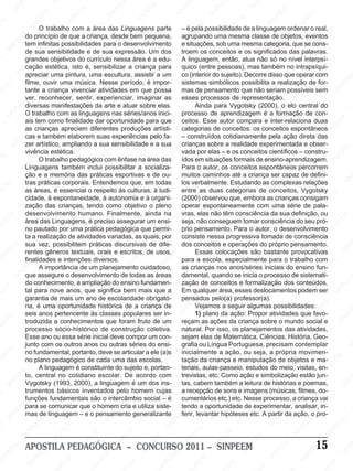 NP                        SI                                        EE
                                                                                                                                   E
                                                                                                                                                        EE                          N
            SI                                                                                         EM                        PE                                              SI
                            EM                       EM                         NP                   PE                       SI
                                                                                                                                N                     NP                                          EM
                                                   PE                         SI                    N                                               SI                                          PE                           EM
                          PE                      N                                               SI                                                                      EM                   N                         PE
EE
   M
                       SI
                         N                      SI                                                                                           M                         PE                    SI                       N
                           O trabalho com a área das Linguagens parteEM                                           EE
                                                                                                                      M – é pela possibilidade de a linguagem ordenar o real,
                                                                                                                                         EE                        IN                                               SI
                                                                   E                     E bem pequena, agrupando uma Smesma classe de objetos, eventos EM
                                                                                           M                    P                       P
               Mdo princípioMde que a criança, desde
                                        E                       NP                     E
                                                                                                           SI
                                                                                                              N                    SI
                                                                                                                                     N                                               EM                                               PE
            EE tem infinitas possibilidades para IoPdesenvolvimento e situações, sob uma mesma categoria, que se cons-
                                   PE                        SI                     N                                                                                              PE                      EM                     IN
         NP                      N                                               S                                                                     EM                      IN                      PE                       S
      SI                      SI
                  de sua sensibilidade e de sua expressão. Um dos EEMtroem osNconceitos e S significados das palavras.
                                                     M                                                                                             PE                        os                     IN
                                                    E                                            EM                                           SI
                                                                                                                                                                                                  S
M                 grandes objetivos do currículo nessa área é a edu-P A linguagem, então, atua não só no nívelEM
                      M                          PE                   EE
                                                                         M
                                                                                              PE                     IN                                               M                                                 interpsí- M
                    EE                        N
                                            SI isto é, INP                                  N                      S
                                                                                          Ia criança para quico (entre pessoas), mas Etambém noNintrapsíqui- EE   EE                      M                       PE
               NP
                  cação estética,
                                                                S sensibilizar S                                                    EM                      IN
                                                                                                                                                               P
                                                                                                                                                                                     PE                      SI                      NP
            SI apreciarM            uma pintura, uma escultura, assistirMa um                             E                      PE
                                                                                                                               co (interior doSsujeito). Decorre disso que operar com
                                                                                                                                                                                  IN                                              SI
                  filme, Pouvir uma música. Nesse período,NP impor- SIN
                               EE                                                M                       E                                                                       S                                                                    EM
      M                                              E EM                    EE                     I é                        sistemas M          simbólicos possibilita a M
                                                                                                                                                                                                   ErealizaçãoEde for-      M                     PE
PE
    E                      N
                  tante a criançaNP
                        SI                                               NP
                                                I vivenciar atividades em que possa mas de E
                                                                                                  S                                             E                       M                        E
                                                                                                                                                                                                                      PE                       IN
                                              S                       SI                                             M                    N  P pensamento que não Iseriam possíveis sem S
                                                                                                                                                                     EE representação.       NP                     N
                  ver, reconhecer, sentir, experienciar, imaginarEE                       EM                                           SI                       NP                        S                      SI
                                                                                       PE                      P as esses processos de                       SI Vygotsky (2000), o elo central do                                     EM
               EM
             E diversas EM                                   EM
                                    manifestações da arte e atuar sobre                                    SI
                                                                                                              Nelas.                    Ainda para
                                                                                    IN                                                                                                                    M                       PE
          NP O trabalho com asNlinguagens nas séries/anos inici- EEprocesso de aprendizagem é a formação deSIN
                                PE                        PE                      S                                             M                                                EM
                                                                                                                                                                                                      PE
                                                                                                                                                                                                         E                      con-
       SI                   IN como finalidade dar M  I                                                                                            EM                        PE
                                                                                                                            P ceitos. Esse autor compara e inter-relaciona duas
                  ais tem  S                         S                                            EM
                                                                            oportunidade para queIN                                               E
                                                                                                                                                                        SI
                                                                                                                                                                          N                       IN                                            EM
                                                                        EE                      E                      S                     NP de conceitos: os conceitos espontâneos PE       S
M                 as crianças apreciem diferentes produções artísti-  P                     NP                                 categorias SI                                                                        EM                    IN
                  EM e também elaboremIN
                Ecas                    E  EM                                            SI
                                                                  S suas experiências pelo fa- – construídos cotidianamente pela açãoE direta das S
                                                                                                               M                                              M                       EEM                       P
                                                                                                            EE                                             EE                                                N
            NP                     NP                                                                                          EE
                                                                                                                                   M                                               NP                      SI
          SI zer artístico, ampliando a sua EEM
                                SI                        EM                                            NP
                                                                               sensibilidade e a sua Pcrianças sobre a realidade experimentada e obser-NP                       SI                                             EM
                  vivência estética. PE                                      P                       SI                                            SI
                                                                                                                            IN vada por elas – e os conceitos científicos – constru-                                         PE                    EM
  M                                                IN                    Icom ênfase na área das S ídos em situações formais de ensino-aprendizagem. NPE
                                                                           N                                                                                            M                         EM                     IN
 E                    EM O trabalhoSpedagógico                          S                    M                                                                         E                      PE                       S                     I
                   PE                                                                     EE a socializa- ParaEo autor, osNconceitos espontâneos percorrem S
                                                                                                                 M                        M                        PE                    SIN
                  LinguagensMtambém inclui possibilitar                                 P                       E                      E                       I
                N                        E                       M
             SI ção e a memória das Epráticas esportivas e NPE ou- muitos caminhos até a criança ser capaz de defini-
                                                                                      N                                           NP                         S                                               EM
                                    PE                      PE                      SI                   I de                   SI                                                M                       PE                       EM                  N
                               SIN
                                                       SI
                                                                                                        S
                                                          N Entendemos que, em todas los verbalmente. Estudando as complexas relações                  M                        E                    SI
                                                                                                                                                                                                       N                       PE                   SI
    EM
                  tras práticas corporais.                                                                                                         EE                       PE                                              IN
                                                                           EM
                  as áreas, é essencial o respeito às culturas, à ludi-M entre as Pduas categorias de conceitos, Vygotsky                                              SI
                                                                                                                                                                         N                                                S
 PE                    EM                       M                      PE                      EM                    EE                      IN
                                                                                                                                            Sobservou que, emboraEas crianças consigam EM    M
                    PE                        E                   SI
                  cidade, à espontaneidade, à autonomia e à organi-  N                     PE                   NP             (2000)                                                                            EM                     PE
                IN                         PE                                           IN                    SI                                             EM                         PE
              S zação dasN crianças, tendo como Sobjetivo o pleno operar espontaneamente IN
                                      I                                                                                            EM                                                 com uma série de pala- PE                      IN
                                    S                      M                                                                    PE                       PE                        S
                                                                                                                                                                                                        SI
                                                                                                                                                                                                           N                       S
        M desenvolvimentoPEE                             humano. Finalmente, M M                                                                    S IN
                                                                                                      ainda na INvras, elas não têm consciência da sua definição, ou                                                                               M
   PE
      E                     M                                               EE
                  áreaEdas Linguagens, é preciso assegurar um ensi- S seja, não conseguemM      PE
                                                                                                    E
                                                                                                                                                                                                                         EM                     EE
                         E                          N
                                                 SIuma prática Ppedagógica que permi- prio pensamento. Para o autor,Mo desenvolvimento INP
                                                                       N                                                                                                EE tomar consciência doEseu pró-
 N                no Ppautado por
                     N                                               SI                     SI
                                                                                              N
                                                                                                                    EM                      M                       NP                       EE                    NP
                  SI a realização de atividades variadas, as quais, E                                          P                        EE                       SI                     NP                      SI
                                                                                                                                                                                                                                          S
                  ta                   EM                                                                                           NP
                                                                                                            IN por consiste nessa progressiva tomada de consciência                   SI
                                     E                       EM                   EM                       S                     SI                                                                                                EM
          EM sua vez,P possibilitem práticasPEdiscursivas de dife- dos conceitos e operações do próprio pensamento.
                                N                        PE                                                                                            EM                                             EM                       PE                     NP
        E                     SIgêneros textuais, orais e escritos, de usos,
                                                       N                                                                                             E colocações            EM são bastante provocativas
                                                                                                                                                                                                    E                        N                     SI
    NP
                  rentes                            SI                   SI
                                                                            N                      EM                    EM
                                                                                                                                        Essas
                                                                                                                                               IN
                                                                                                                                                   P
                                                                                                                                                                         PE                        P                      SI
 SI               finalidades e intenções diversos.                                            PE                     PE para a S                                     IN
                                                                                                                                              escola, especialmente Spara o trabalho com M     IN
                     EM                      M                                            SI
                                                                                             N
                                                                                                                SI
                                                                                                                    N                                               S                                              M
                                                                                                                                                                                                                  ensino fun-PE
                                                                                                                                                                                                                                           E
                 PE A importância de EM planejamento cuidadoso, as Ecrianças nos anos/séries iniciais doEE
                                         EE                     um
              N que assegure o desenvolvimentoM todas as áreas damental, quando se inicia o processo Pde sistemati-                   M                                                                                               N
            SI                     NP                        PE                       de                                          E                       EM                       EM                    SI
                                                                                                                                                                                                            N                      SI
                                 SI
                  do conhecimento, a ampliação P         IN                      EE ensino fundamen- INP
                                                                                                       EM                                             PE                        PE                                                                   EM
     M                                                  S                   N
                                                                                do                  PE                       S zação de IN          conceitos eIN             formalização dos conteúdos.
                                                                                                                                                                                                                           M                     PE
    E             tal Epara nove anos, que significa bemSIN
                          M                                               SI                      mais que a                                     S                         S
                                                                                                                               Em qualquer área, esses deslocamentos podem ser SIN              EM                        E
PE                    E                        M um ano de escolaridade obrigató- pensados pelo(a) professor(a).     M                                                                       PE                    N  PE
                  NP
                  garantia de mais          EE                     M                                             EE                      M                       M                      SI
                                                                                                                                                                                          N                      SI
               SIria, é uma P         N                          EE
                                           oportunidade históricaEM a criança de        de                   NP                      EEVejamos PEEseguir algumas possibilidades: EM
                                                                                                                                                             a
                                   SI                        NP
                  seis anos pertencente às classes populares ser in- SI            PE                      SI                    NP 1) planoNda ação: Propor atividades que favo-                                                PE                     E
        M                                                 SI                   IN                                                                      SI                     E EM                     EM                     IN                    PE
     EE                                                                       S foram fruto de um reçam as ações da criança sobrePE mundo social e                                                                           S                    N
                  troduzida a conhecimentos que
                           M                      EM                                            EE
                                                                                                   M                                                                     NP                      No                                             SI
 NP                     EE                                                                                             EM natural. Por isso, osI planejamentos das atividades,
                                                                                                                                             M                         S                       SI
                                              PE
                  processo sócio-histórico M construção coletiva.
                      P                                              E de                   NP                       E
                                                                                                                                        PE
                                                                                                                                           E                                                                       EM
                   IN
                 SEsse ano ouN             I essa série PE                               SI
                                                                  inicial deve compor um Icon-                  NP             sejam elas de Matemática,M
                                                                                                                                      N                        M                                               PE
                                                                                                                                                                                        Ciências, História, Geo-E
                                                                                                                                                                                                                                         M
                                         S                                                                                         SI
                                                              IN ou outras séries do Sensi- grafia ou Língua Portuguesa, precisam contemplar                EE                      EE                      IN                       PE
                  junto com os outros anos                   S
         M no fundamental; portanto, deve EM articular M ele (a)s inicialmente a ação, ou seja, a própria movimen-
                               EM                                                                                                                       NP                      NP
                                                                                                                                                                                                           S
                                                                                                                                                                                                                                SI
                                                                                                                                                                                                                                  N                    S
       E                     E                                               P E se                 Ea                     M                         SI                      SI
    PE                     P                        EM                    N                        E
                  noSplano pedagógico de cada uma das Pescolas. PE tação da criança e manipulação de objetos e ma- EEM
                                                                                                                          E                                                                      EM
IN                       IN                     PE                      SI                   IN                                             EM                       M                        PE                      EM
                                           SI
                                                                                            S                      IN                     E
                                              N é constituinte do sujeito e, portan- teriais, aulas-passeio, estudos do meio, visitas, en- NP                       E                    SI
                                                                                                                                                                                           N                       PE
                           A linguagem
                                                               EM
              EM central no cotidiano escolar. De acordo com trevistas, etc.SComo ação e simbolização estão jun-
                                                                                                                 S                    NP                       PE                                             SI
                                                                                                                                                                                                                N                     SI
            E to,                                             E                      M                                             SI                       IN
                                                                                   E
                                EM                        NP
          NP Vygotsky (1993, 2000), a linguagem é umEM ins- Mtas, cabem também a leitura de histórias e poemas,
                                                                                  E                                                                                             EM                                                                  NP
      SI                     PE                        SI                    NP                     PE
                                                                                                        dos                  E                                              PE                       EM                     EM                   SI
                          N                                                SI
                  trumentos básicos inventados pelo homem cujasPE a recepção de sons Ie imagens NPE
                                                                                                 N                                              EM                       N                     (músicas, filmes, do-    PE
M                       SI                     M                                               SI                                            PE                        S
                                                                                                                      IN cumentários etc.) etc. Nesse processo, a criança vai EM             I                       IN
                                              E
                  funções fundamentais são o intercâmbio social – é                                                 S                     N                                                 S                      S
                                          PE                       M
                                                                EE homem cria e utilizaM                                               SI                                                                                                E
                M
              E para se comunicar que o
                                     IN                        P                      M                       siste-           tendo a oportunidade de experimentar, analisar, in-P
                                                                                                                                                             EM                                                                     IN
           PE                       S                       N                      EE                    EE                                              PE                        EM                    EM                        S
                                                          SI
        IN mas de linguagem – e o pensamento generalizante PEEferir, levantar hipóteses E A partir da ação, M pro-
                                                                               NP                    NP
                                                                                                                                M                    IN                        P etc.                 PE
                                                                                                                                                                                                                             o
       S                    M                                               SI                     SI                                               S
                                                                                                                                                                          SI
                                                                                                                                                                             N                     N                       E                    EM
                         EE                      EM                                                                    SI
                                                                                                                         N                                                                      SI                     PE                    PE
M                      P                                                                                                                   M                                                                         N
                  SI
                     N                       PE                     M                      EM                                             E                       M                                               SI                    SI
                                                                                                                                                                                                                                           N
                                          IN                     EE                    PE                      M                      PE                      EE                       M
                                        S
                                                             NP                      N                     EE                      IN                     NP                        EE
         E M APOSTILA PEDAGÓGICA – CONCURSO S
                               M                          SI                       SI
                                                                                                      INP                         2011 – SISINPEEMP                            IN                     PE
                                                                                                                                                                                                         EM                  15EM                  SI
                                                                                                                                                                                                                                                     NP
        E                    E                                                                       S                                                                        S                                             PE
   NP                     PE                                              EM                                             EM                                                                     SI
                                                                                                                                                                                                    N
                                                                                                                                                                                                                      SI
                                                                                                                                                                                                                          N
 SI                    IN                      EEM                    PE                     M                        PE                   E EM                      M                                                                      M
                     S                       P                      IN                    EE                      IN                     P                       EE                       M                                              EE
 