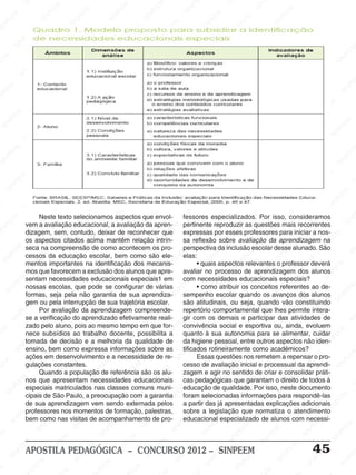 SINPEEM
SI
PEEM
SINPEEM
SINPEEM
NPEEM
SINPEEM
SINPEEM
SINPEEM
SINPEEM
SINPEEM
SINPEEM
SINPEEM
SINPEEM
SINPEEM
SINPEEM
SINPEEM
SINPEEM
SINPEEM
SINPEEM
SINPEEM
M
SINPEEM
SINPEEM
SINPEEM
SINPEEM
SINPEEM
SINPEEM
SINPEEM
SINPE
SINPEEM
SINPEEM
SINPEEM
SINPEEM
SINPEEM
SINPEEM
SINPEEM
SINPEEM
SINPEEM
SI
SINPEEM
SINPEEM
SINPEEM
SINPEEM
SINPEEM
SINPEEM
SINPEEM
SINPEEM
SINPEEM
SINPEEM
SIN
SINPEEM
SINPEEM
SINPEEM
SINPEEM
SINPEEM
SINPEEM
SINPEEM
SINPEEM
SINPEEM
SINPEEM
SINPEEM
EEM
SINPEEM
SINPEEM
SINPEEM
SINPEEM
SINPEEM
SINPEEM
SINPEEM
SINPEEM
SINPEEM
SINPEEM
SINPEEM
SINPEEM
PEEM
SINPEEM
SINPEEM
SINPEEM
SINPEEM
SINPEEM
SINPEEM
SINPEEM
SINPEEM
SINPEEM
SINPEEM
SINPEEM
SINPEEM
M
SINPEEM
SINPEEM
SINPEEM
SINPEEM
SINPEEM
SINPEEM
SINPEEM
SINPEEM
SINPEEM
SINPEEM
SINPEEM
SINPEEM
SINPEEM
SINPEEM
EM
SINPEEM
SINPEEM
SINPEEM
SINPEEM
SINPEEM
SINPEEM
SINPEEM
SINPEEM
SINPEEM
SINPEEM
SINPEEM
SINPEEM
SINPEEM
SINPEE
M
SINPEEM
SINPEEM
SINPEEM
SINPEEM
SINPEEM
SINPEEM
SINPEEM
SINPEEM
SINPEEM
SINPEEM
SINPEEM
SINPEEM
SINPEEM
PEEM
SINPEEM
SINPEEM
SINPEEM
SINPEEM
SINPEEM
SINPEEM
SINPEEM
SINPEEM
SINPEEM
SINPEEM
SINPEEM
SINPEEM
SINPEEM
M
SINPEEM
SINPEEM
SINPEEM
SINPEEM
SINPEEM
SINPEEM
SINPEEM
SINPEEM
SINPEEM
SINPEEM
SINPEEM
S
PEEM
SINPEEM
SINPEEM
SINPEEM
SINPEEM
SINPEEM
SINPEEM
SINPEEM
SINPEEM
SINPEEM
SINP
EEM
SINPEEM
SINPEEM
SINPEEM
SINPEEM
SINPEEM
SINPEEM
SINPEEM
SINPEEM
SIN
SINPEEM
SINPEEM
SINPEEM
SINPEEM
SINPEEM
SINPEEM
SINPEEM
SINPEEM
SINPEEM
SINPEEM
SINPEEM
SINPEEM
SINPEEM
SIN
SINPEEM
SINPEEM
SINPEEM
SINPEEM
SINPEEM
M
SINPEEM
SINPEEM
SINPEEM
S
SINPEEM
SINPEEM
SINPEEAPOSTILA PEDAGÓGICA – CONCURSO 2012 – SINPEEM 45
Neste texto selecionamos aspectos que envol-
vem a avaliação educacional, a avaliação da apren-
dizagem, sem, contudo, deixar de reconhecer que
os aspectos citados acima mantêm relação intrín-
seca na compreensão de como acontecem os pro-
cessos da educação escolar, bem como são ele-
mentos importantes na identificação dos mecanis-
mos que favorecem a exclusão dos alunos que apre-
sentam necessidades educacionais especiais1 em
nossas escolas, que pode se configurar de várias
formas, seja pela não garantia de sua aprendiza-
gem ou pela interrupção de sua trajetória escolar.
Por avaliação da aprendizagem compreende-
se a verificação do aprendizado efetivamente reali-
zado pelo aluno, pois ao mesmo tempo em que for-
nece subsídios ao trabalho docente, possibilita a
tomada de decisão e a melhoria da qualidade de
ensino, bem como expressa informações sobre as
ações em desenvolvimento e a necessidade de re-
gulações constantes.
Quando a população de referência são os alu-
nos que apresentam necessidades educacionais
especiais matriculados nas classes comuns muni-
cipais de São Paulo, a preocupação com a garantia
de sua aprendizagem vem sendo externada pelos
professores nos momentos de formação, palestras,
bem como nas visitas de acompanhamento de pro-
fessores especializados. Por isso, consideramos
pertinente reproduzir as questões mais recorrentes
expressas por esses professores para iniciar a nos-
sa reflexão sobre avaliação da aprendizagem na
perspectiva da inclusão escolar desse alunado. São
elas:
• quais aspectos relevantes o professor deverá
avaliar no processo de aprendizagem dos alunos
com necessidades educacionais especiais?
• como atribuir os conceitos referentes ao de-
sempenho escolar quando os avanços dos alunos
são atitudinais, ou seja, quando vão constituindo
repertório comportamental que lhes permite intera-
gir com os demais e participar das atividades de
convivência social e esportiva ou, ainda, evoluem
quanto à sua autonomia para se alimentar, cuidar
da higiene pessoal, entre outros aspectos não iden-
tificados rotineiramente como acadêmicos?
Essas questões nos remetem a repensar o pro-
cesso de avaliação inicial e processual da aprendi-
zagem e agir no sentido de criar e consolidar práti-
cas pedagógicas que garantam o direito de todos à
educação de qualidade. Por isso, neste documento
foram selecionadas informações para respondê-las
a partir das já apresentadas explicações adicionais
sobre a legislação que normatiza o atendimento
educacional especializado de alunos com necessi-
 