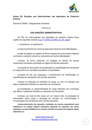 www.abracomex.org
atendimento@abracomex.org
23
Anexo 02: Sanções aos Intervenientes nas operações de Comércio
Exterior
Decreto 6.759/09 – Regulamento Aduaneiro
TÍTULO IV
DAS SANÇÕES ADMINISTRATIVAS
Art. 735. Os intervenientes nas operações de comércio exterior ficam
sujeitos às seguintes sanções (Lei nº 10.833, de 2003, art. 76, caput):
I - advertência, na hipótese de:
a) descumprimento de norma de segurança fiscal em local alfandegado;
b) falta de registro ou registro de forma irregular dos documentos relativos
a entrada ou saída de veículo ou mercadoria em recinto alfandegado;
c) atraso, de forma contumaz, na chegada ao destino de veículo
conduzindo mercadoria submetida ao regime de trânsito aduaneiro;
d) emissão de documento de identificação ou quantificação de mercadoria
em desacordo com sua efetiva qualidade ou quantidade;
e) prática de ato que prejudique o procedimento de identificação ou
quantificação de mercadoria sob controle aduaneiro;
f) atraso na tradução de manifesto de carga, ou erro na tradução que
altere o tratamento tributário ou aduaneiro da mercadoria;
g) consolidação ou desconsolidação de carga efetuada com incorreção
que altere o tratamento tributário ou aduaneiro da mercadoria;
h) atraso, por mais de três vezes, em um mesmo mês, na prestação de
informações sobre carga e descarga de veículos, ou movimentação e
armazenagem de mercadorias sob controle aduaneiro;
i) descumprimento de requisito, condição ou norma operacional para
habilitar-se ou utilizar regime aduaneiro especial ou aplicado em áreas
especiais, ou para habilitar-se ou manter recintos nos quais tais regimes sejam
aplicados; ou
 