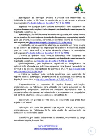 www.abracomex.org
atendimento@abracomex.org
25
d) delegação de atribuição privativa a pessoa não credenciada ou
habilitada, inclusive na hipótese de cessão de senha de acesso a sistema
informatizado; (Redação dada pelo Decreto nº 7.213, de 2010).
e) prática de qualquer outra conduta sancionada com suspensão de
registro, licença, autorização, credenciamento ou habilitação, nos termos de
legislação específica; ou
e) realização, por despachante aduaneiro ou ajudante, em nome próprio
ou de terceiro, de exportação ou importação de quaisquer mercadorias, exceto
para uso próprio, ou exercício, por estes, de comércio interno de mercadorias
estrangeiras; ou (Redação dada pelo Decreto nº 7.213, de 2010).
e) realização, por despachante aduaneiro ou ajudante, em nome próprio
ou de terceiro, de exportação ou importação de quaisquer mercadorias, exceto
para uso próprio, ou exercício, por estes, de comércio interno de mercadorias
estrangeiras; (Redação dada pelo Decreto nº 8.010, de 2013)
f) prática de qualquer outra conduta sancionada com suspensão de
registro, licença, autorização, credenciamento ou habilitação, nos termos de
legislação específica; ou (Incluído pelo Decreto nº 7.213, de 2010).
f) descumprimento, pelo importador, depositário ou transportador, da
determinação efetuada pela autoridade aduaneira para destruir mercadoria ou
devolvê-la ao exterior, nas hipóteses de que trata o art. 574; ou(Redação dada
pelo Decreto nº 8.010, de 2013)
g) prática de qualquer outra conduta sancionada com suspensão de
registro, licença, autorização, credenciamento ou habilitação, nos termos de
legislação específica; ou (Incluído pelo Decreto nº 8.010, de 2013)
III - cancelamento ou cassação do registro, licença, autorização,
credenciamento ou habilitação para utilização de regime aduaneiro ou de
procedimento simplificado, exercício de atividades relacionadas com o
despacho aduaneiro, ou com a movimentação e armazenagem de mercadorias
sob controle aduaneiro, e serviços conexos, na hipótese de:
a) acúmulo, em período de três anos, de suspensão cujo prazo total
supere doze meses;
b) atuação em nome de pessoa cujo registro, licença, autorização,
credenciamento ou habilitação tenha sido objeto de cancelamento ou
cassação, ou no interesse desta;
c) exercício, por pessoa credenciada ou habilitada, de atividade ou cargo
vedados na legislação específica;
 