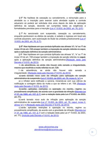 www.abracomex.org
atendimento@abracomex.org
28
§ 6o
Na hipótese de cassação ou cancelamento, a reinscrição para a
atividade ou a inscrição para exercer outra atividade sujeita a controle
aduaneiro só poderá ser solicitada dois anos depois da data de aplicação
definitiva da sanção, devendo ser cumpridas todas as exigências e
formalidades previstas para a inscrição (Lei nº 10.833, de 2003, art. 76, § 6º).
§ 7o
Ao sancionado com suspensão, cassação ou cancelamento,
enquanto perdurarem os efeitos da sanção, é vedado o ingresso em local sob
controle aduaneiro, sem autorização do titular da unidade jurisdicionante (Lei nº
10.833, de 2003, art. 76, § 7º).
§ 8o
Nas hipóteses em que conduta tipificada nas alíneas “d”, “e” ou “f” do
inciso VII do art. 728 ensejar também a imposição de sanção referida no caput,
após a aplicação definitiva da sanção administrativa:
§ 8º Nas hipóteses em que conduta tipificada nas alíneas “d”, “e” ou “f” do
inciso VII do art. 728 ensejar também a imposição de sanção referida no caput,
após a aplicação definitiva da sanção administrativa:(Redação dada pelo
Decreto nº 8.010, de 2013)
I - de advertência, se ainda não houver sido sanada a irregularidade,
mesmo que recolhida a multa referida no art. 728:
I - de advertência, se ainda não houver sido sanada a
irregularidade: (Redação dada pelo Decreto nº 8.010, de 2013)
a) será lavrado novo auto de infração para aplicação da sanção
administrativa de suspensão (Lei nº 10.833, de 2003, art. 76, inciso II, “a”); e
a) o infrator será notificado a saná-la, iniciando-se com sua ciência da
notificação a contagem diária da multa a que se refere o art. 728; (Redação
dada pelo Decreto nº 8.010, de 2013)
b) serão aplicadas restrições à operação no recinto, regime ou
procedimento simplificado, de acordo com a gravidade da infração (Decreto-Lei
nº 37, de 1966, art. 107, § 1º, com a redação dada pela Lei no
10.833, de 2003,
art. 77);
b) será lavrado novo auto de infração para aplicação da sanção
administrativa de suspensão (Lei nº 10.833, de 2003, art. 76, caput, inciso II,
alínea “a”); e (Redação dada pelo Decreto nº 8.010, de 2013)
c) serão aplicadas restrições à operação no recinto, regime ou
procedimento simplificado, de acordo com a gravidade da infração (Decreto-Lei
nº 37, de 1966, art. 107, § 1º com a redação dada pela Lei nº 10.833, de 2003,
art. 77); (Incluído pelo Decreto nº 8.010, de 2013)
 