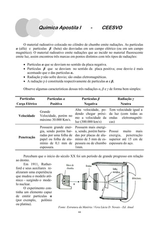 44
O material radioativo colocado no cilindro de chumbo emite radiações. As partículas
α (alfa) e partículas β (beta) são desviadas em um campo elétrico (ou em um campo
magnético). O material radioativo emite radiações que ao incidir no material fluorescente
emite luz, assim encontrou três marcas em pontos distintos com três tipos de radiações:
• Partículas α que se desviam no sentido da placa negativa.
• Partículas β que se desviam no sentido da placa positiva; esse desvio é mais
acentuado que o das partículas α.
• Radiação γ não sofre desvio; são ondas eletromagnéticas.
• A radiação γ é constituída respectivamente de partículas α e β.
Observe algumas características dessas três radiações α, β e γ de forma bem simples:
Percebam que o início do século XX foi um período de grande progresso em relação
ao átomo.
Em 1911, Ruther-
ford e seus auxiliares re-
alizaram uma experiência
que mudou o modelo atô-
mico – surgindo o mode-
lo nuclear.
O experimento con-
tinha um elemento capaz
de emitir partículas α
(por exemplo, polônio
ou platina).
Partículas Partículas α Partículas β Radiação γ
Carga Elétrica Positiva Negativa Neutra
Velocidade
Grande
Velocidade, porém no
máximo 30.000 Km/s.
Alta velocidade, po-
dendo chegar próxi-
mo a velocidade da
luz (300.000 km/s)
Tem velocidade igual a
da luz (com todas as
ondas eletromagnéti-
cas)
Penetração
Possuem grande ener-
gia, sendo porém bar-
radas por uma folha de
papel ou folha de alu-
mínio de 0,1 mm de
espessura.
Possuem mais energi-
a, sendo, porém barra-
das por placas de alu-
mínio de 5 mm de es-
pessura ou de chumbo
1mm.
Possui muito mais
energia, penetração
superior até 15 cm de
espessura do aço.
Fonte: Estrutura da Matéria / Vera Lúcia D. Novais - Ed. Atual
Química Apostila I - CEESVO
 