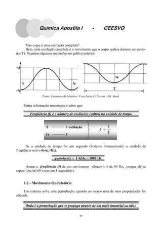 49
Mas o que é uma oscilação completa?
Bem, uma oscilação completa é o movimento que o corpo realiza durante um perío-
do (T). Vejamos algumas oscilações no gráfico anterior.
Fonte: Estrutura da Matéria / Vera Lúcia D. Novais - Ed. Atual.
Outra informação importante é saber que:
Se a unidade de tempo for um segundo (Sistema Internacional), a unidade de
freqüência será o hertz (Hz).
Assim a freqüência (f) de um movimento vibratório é de 60 Hz, porque ele se
repete (oscila) 60 vezes em 1 segundo(s).
1.2 - Movimento Ondulatório
Um sistema sofre uma perturbação, quando ao menos uma de suas propriedades for
alterada.
T 1 oscilação
1s f Τ
=
1
f
Freqüência (f) é o número de oscilações (voltas) na unidade de tempo.
quilo-hertz = 1 KHz = 1000 Hz
Onda é a perturbação que se propaga através de um meio (material ou não).
Química Apostila I - CEESVO
 