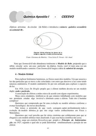 63
Química Apostila I - CEESVO
elípticas próximas da circular (de Bohr) e introduziu o número quântico secundário
ou azimutal (l) .
Note que Sommerfeld não abandonou totalmente o Modelo de Bohr, propondo que a
órbita circular seria um caso particular da elíptica. Assim, você vê mais uma vez um
modelo modificando o anterior. Com Sommerfeld surgiu a idéia de subnível de energia.
Fonte: Estrutura da Matéria / Vera Lúcia D. Novais - Ed. Atual.
4 - Modelo Orbital
Para explicar fenômenos luminosos, os físicos usam dois modelos. Um que associa a
luz das partículas que se move a alta velocidade e um outro que descreve a luz como tendo
natureza ondulatória. O modelo ondulatório foi por nós utilizado para explicar o espectro
da luz.
Em 1924, Louis De Broglie propôs que o elétron também deveria ter um modelo
duplo: onda e partícula.
A associação do elétron a ondas estava de acordo com alguns experimentos.
Meus caros estudantes, lembrem-se de que estamos trabalhando com modelos que
nos permitem estudar algo invisível e diminuto como o elétron. Tudo isto é bastante
complexo!
Queremos que compreenda que há uma evolução no modelo atômico conforme o
avanço tecnológico das novas descobertas.
Não temos a pretensão de que vocês consigam captar profundamente toda a
evolução do modelo atômico, já que isto exige vastos conhecimentos em Física e
Matemática.
Queremos que você perceba que há vários cientistas que colaboraram para que se
chegasse a um modelo atômico mais atualizado. E que essa busca científica não cessa.
Assim, surge um cientista Heisenberg que propôs o Princípio da Indetermina-
ção, em 1927, segundo o qual não se pode determinar simultaneamente a posição de um
elétron
 
