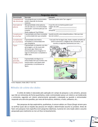Prof. Shastin – Conceitos Básico de pesquisa de Marketing Pág: 17
Fonte: Adaptado ( Kotler 2000, P.132-133)
Métodos de coleta dos dados
A coleta de dados é executada pela aplicação em campo da pesquisa a uma amostra, pessoas
que irão ser entrevistas de forma quantitativa, onde o entrevistador possui um roteiro e vai moderando
a entrevista, seguindo um roteiro anteriormente aprovado e planejado ou quando o entrevistador
responde uma série de questões, por meio de formulários, telefone, e-mails, softwares, etc...
Nas pesquisas do tipo exploratória, qualitativas, é comum adotar um Focus Group: servem para
se verificar quais são as reações das pessoas em relação a determinado assunto ou produto. Antes de
fazer uma pesquisa mais específica (com perguntas objetivas), é preciso ter uma noção sobre o assunto
pesquisado para realmente se criar um foco no levantamento.
 