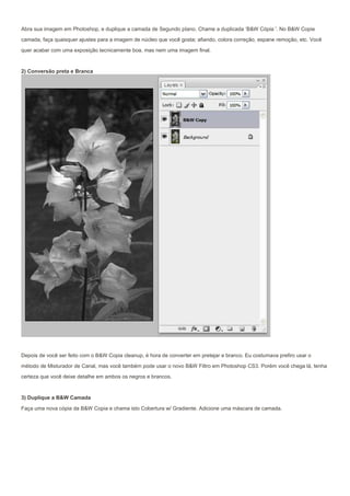 Abra sua imagem em Photoshop, e duplique a camada de Segundo pIano. Chame a duplicada ‘B&W Cópia '. No B&W Copie

camada, faça quaisquer ajustes para a imagem de núcleo que você gosta; afiando, colora correção, espane remoção, etc. Você

quer acabar com uma exposição tecnicamente boa, mas nem uma imagem final.


2) Conversão preta e Branca




Depois de você ser feito com o B&W Copia cleanup, é hora de converter em pretejar e branco. Eu costumava prefiro usar o
método de Misturador de Canal, mas você também pode usar o novo B&W Filtro em Photoshop CS3. Porém você chega lá, tenha

certeza que você deixe detalhe em ambos os negros e brancos.


3) Duplique a B&W Camada

Faça uma nova cópia da B&W Copia e chama isto Cobertura w/ Gradiente. Adicione uma máscara de camada.
 