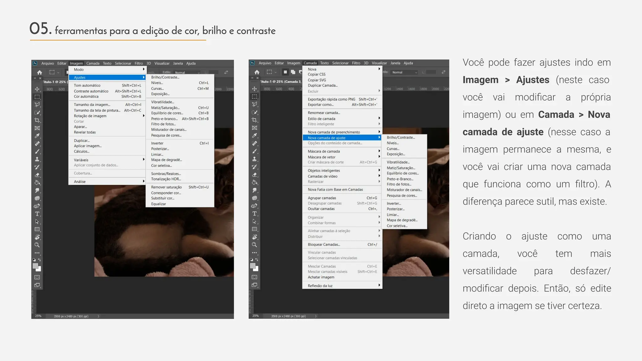 Você pode fazer ajustes indo em
Imagem > Ajustes (neste caso
você vai modiﬁcar a própria
imagem) ou em Camada > Nova
camada de ajuste (nesse caso a
imagem permanece a mesma, e
você vai criar uma nova camada
que funciona como um ﬁltro). A
diferença parece sutil, mas existe.
Criando o ajuste como uma
camada, você tem mais
versatilidade para desfazer/
modiﬁcar depois. Então, só edite
direto a imagem se tiver certeza.
05.ferramentas para a edição de cor, brilho e contraste
 