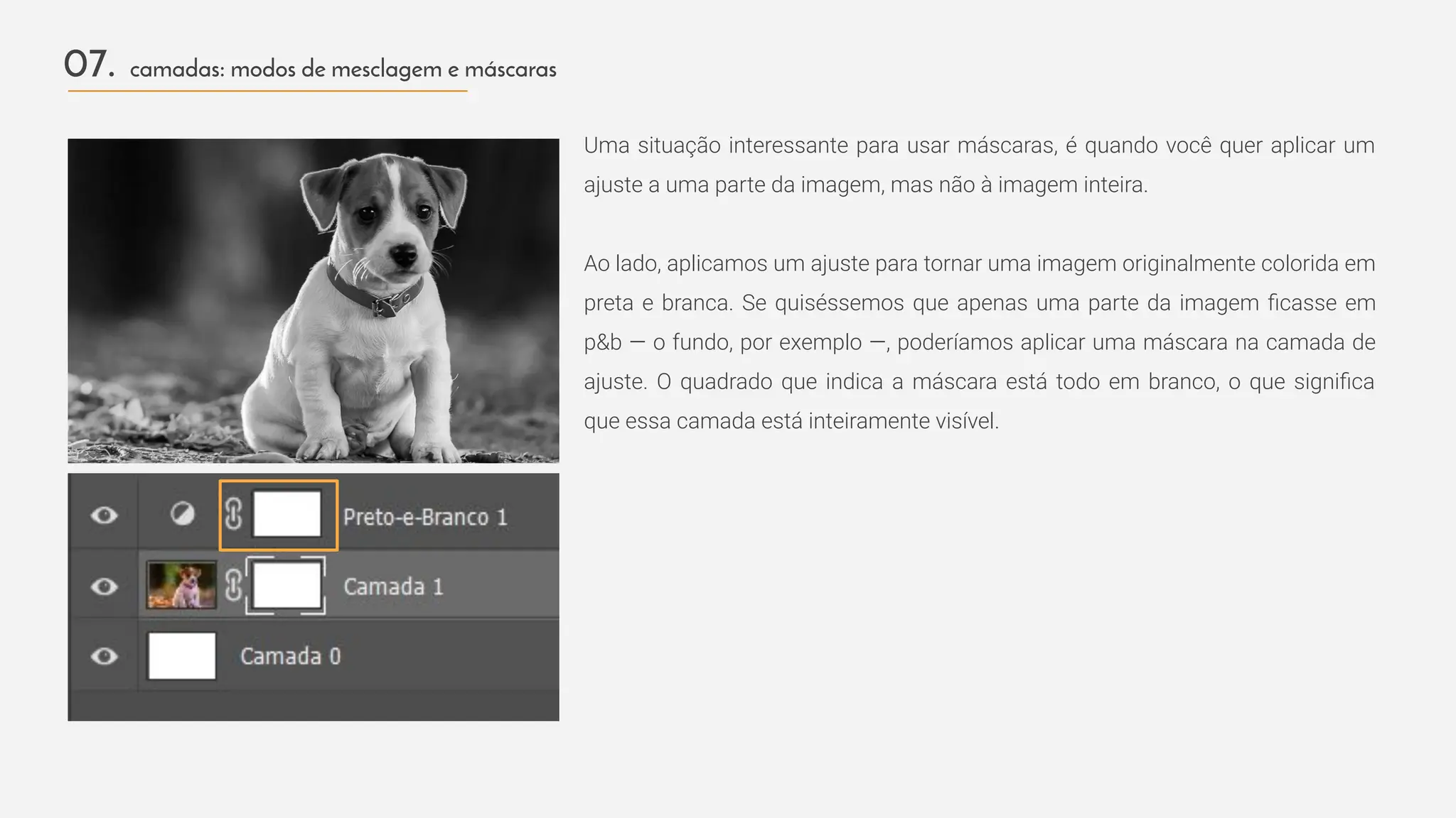 Uma situação interessante para usar máscaras, é quando você quer aplicar um
ajuste a uma parte da imagem, mas não à imagem inteira.
Ao lado, aplicamos um ajuste para tornar uma imagem originalmente colorida em
preta e branca. Se quiséssemos que apenas uma parte da imagem ﬁcasse em
p&b — o fundo, por exemplo —, poderíamos aplicar uma máscara na camada de
ajuste. O quadrado que indica a máscara está todo em branco, o que signiﬁca
que essa camada está inteiramente visível.
07. camadas: modos de mesclagem e máscaras
 