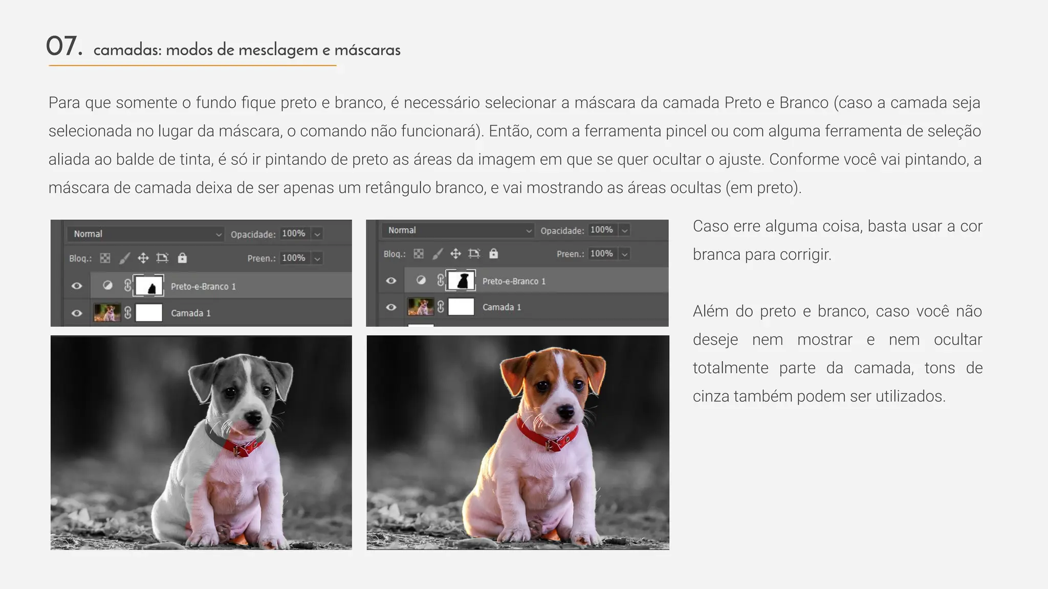 Para que somente o fundo ﬁque preto e branco, é necessário selecionar a máscara da camada Preto e Branco (caso a camada seja
selecionada no lugar da máscara, o comando não funcionará). Então, com a ferramenta pincel ou com alguma ferramenta de seleção
aliada ao balde de tinta, é só ir pintando de preto as áreas da imagem em que se quer ocultar o ajuste. Conforme você vai pintando, a
máscara de camada deixa de ser apenas um retângulo branco, e vai mostrando as áreas ocultas (em preto).
07. camadas: modos de mesclagem e máscaras
Caso erre alguma coisa, basta usar a cor
branca para corrigir.
Além do preto e branco, caso você não
deseje nem mostrar e nem ocultar
totalmente parte da camada, tons de
cinza também podem ser utilizados.
 
