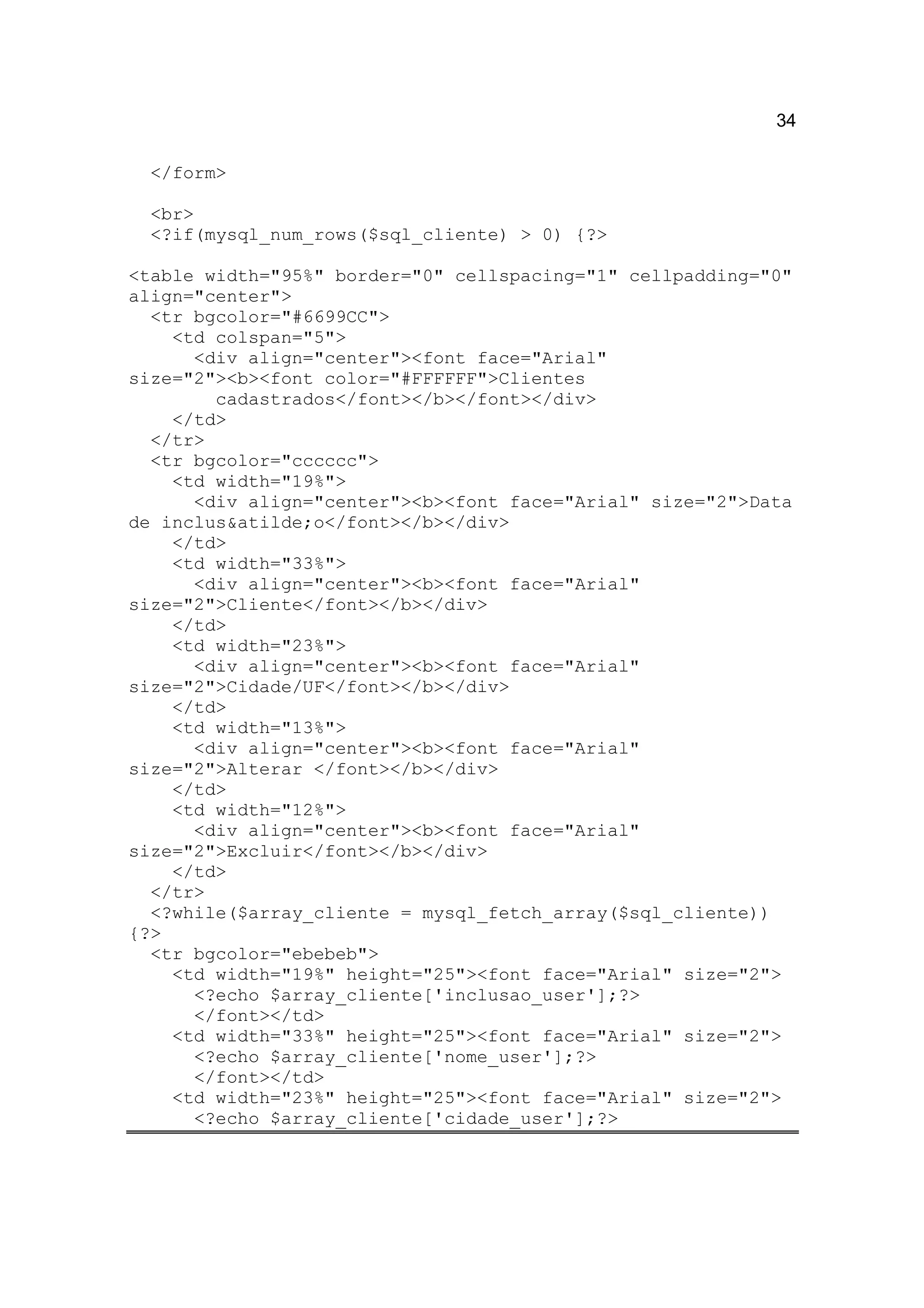 34

  </form>

  <br>
  <?if(mysql_num_rows($sql_cliente) > 0) {?>

<table width="95%" border="0" cellspacing="1" cellpadding="0"
align="center">
  <tr bgcolor="#6699CC">
    <td colspan="5">
      <div align="center"><font face="Arial"
size="2"><b><font color="#FFFFFF">Clientes
        cadastrados</font></b></font></div>
    </td>
  </tr>
  <tr bgcolor="cccccc">
    <td width="19%">
      <div align="center"><b><font face="Arial" size="2">Data
de inclus&atilde;o</font></b></div>
    </td>
    <td width="33%">
      <div align="center"><b><font face="Arial"
size="2">Cliente</font></b></div>
    </td>
    <td width="23%">
      <div align="center"><b><font face="Arial"
size="2">Cidade/UF</font></b></div>
    </td>
    <td width="13%">
      <div align="center"><b><font face="Arial"
size="2">Alterar </font></b></div>
    </td>
    <td width="12%">
      <div align="center"><b><font face="Arial"
size="2">Excluir</font></b></div>
    </td>
  </tr>
  <?while($array_cliente = mysql_fetch_array($sql_cliente))
{?>
  <tr bgcolor="ebebeb">
    <td width="19%" height="25"><font face="Arial" size="2">
      <?echo $array_cliente['inclusao_user'];?>
      </font></td>
    <td width="33%" height="25"><font face="Arial" size="2">
      <?echo $array_cliente['nome_user'];?>
      </font></td>
    <td width="23%" height="25"><font face="Arial" size="2">
      <?echo $array_cliente['cidade_user'];?>
 