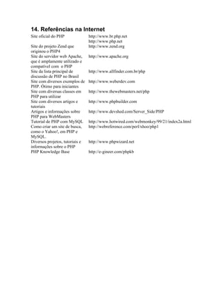 14. Referências na Internet
Site oficial do PHP              http://www.br.php.net
                                 http://www.php.net
Site do projeto Zend que         http://www.zend.org
originou o PHP4
Site do servidor web Apache,     http://www.apache.org
que é amplamente utilizado e
compatível com o PHP
Site da lista principal de       http://www.allfinder.com.br/php
discussão de PHP no Brasil
Site com diversos exemplos de    http://www.weberdev.com
PHP. Ótimo para iniciantes
Site com diversas classes em     http://www.thewebmasters.net/php
PHP para utilizar
Site com diversos artigos e      http://www.phpbuilder.com
tutoriais
Artigos e informações sobre      http://www.devshed.com/Server_Side/PHP
PHP para WebMasters
Tutorial de PHP com MySQL        http://www.hotwired.com/webmonkey/99/21/index2a.html
Como criar um site de busca,     http://webreference.com/perl/xhoo/php1
como o Yahoo!, em PHP e
MySQL.
Diversos projetos, tutoriais e   http://www.phpwizard.net
informações sobre o PHP
PHP Knowledge Base               http://e-gineer.com/phpkb
 