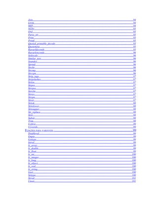 Join...........................................................................................................................................................94
   Ltrim.........................................................................................................................................................94
   Md5...........................................................................................................................................................94
   Nl2br.........................................................................................................................................................95
   Ord............................................................................................................................................................95
   Parse_str...................................................................................................................................................95
   Print..........................................................................................................................................................95
   Printf.........................................................................................................................................................95
   Quoted_printable_decode.........................................................................................................................95
   Quotemeta.................................................................................................................................................95
   Rawurldeconde.........................................................................................................................................95
   Rawurlenconde.........................................................................................................................................96
   Setlocale....................................................................................................................................................96
   Similar_text...............................................................................................................................................96
   Soundex.....................................................................................................................................................96
   Sprintf.......................................................................................................................................................96
   Strchr........................................................................................................................................................96
   Strcmp.......................................................................................................................................................96
   Strcspn......................................................................................................................................................96
   Strip_tags..................................................................................................................................................97
   Stripslashes...............................................................................................................................................97
   Strlen.........................................................................................................................................................97
   Strpos........................................................................................................................................................97
   Strrpos.......................................................................................................................................................97
   Strrchr.......................................................................................................................................................97
   Strrev.........................................................................................................................................................97
   Strspn........................................................................................................................................................97
   Strstr.........................................................................................................................................................97
   Strtok.........................................................................................................................................................98
   Strtolower.................................................................................................................................................98
   Strtoupper.................................................................................................................................................98
   Str_replace................................................................................................................................................98
   Strtr...........................................................................................................................................................98
   Substr........................................................................................................................................................98
   Trim...........................................................................................................................................................98
   Ucfirst.......................................................................................................................................................99
   Ucwords....................................................................................................................................................99
FUNÇÕES PARA VARIÁVEIS ......................................................................................................99
   Doubleval..................................................................................................................................................99
   Empty........................................................................................................................................................99
   Gettype......................................................................................................................................................99
   Intval.........................................................................................................................................................99
   Is_array.....................................................................................................................................................99
   Is_double...................................................................................................................................................99
   Is_float......................................................................................................................................................99
   Is_int.......................................................................................................................................................100
   Is_integer................................................................................................................................................100
   Is_long....................................................................................................................................................100
   Is_object..................................................................................................................................................100
   Is_real.....................................................................................................................................................100
   Is_string..................................................................................................................................................100
   Isset.........................................................................................................................................................100
   Settype.....................................................................................................................................................100
   Strval.......................................................................................................................................................101
   Unset.......................................................................................................................................................101
 