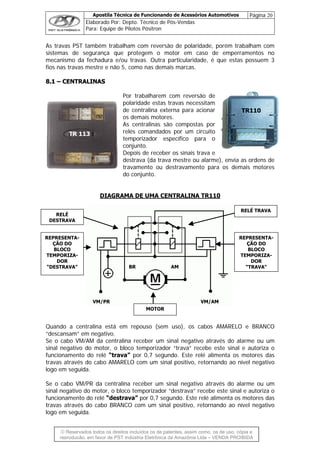 Apostila Técnica de Funcionando de Acessórios Automotivos Página 20
Elaborado Por: Depto. Técnico de Pós-Vendas
Para: Equipe de Pilotos Pósitron
© Reservados todos os direitos incluídos os de patentes, assim como, os de uso, cópia e
re
As travas PST também trabalham com reversão de polaridade, porém trabalham com
sistemas de segurança que protegem o motor em caso de emperramentos no
ecanismo da fechadura e/ou travas. Outra particularidade, é que estas possuem 3
não 5, como nas demais marcas.
88..11 –– CCEENNTTRRAALLIINNAASS
as necessitam
rava mestre ou alarme), envia as ordens de
travamento ou destravamento para os demais motores
do conjunto.
DIAGRAMA DE UMA CENTRALINA TR110
m
fios nas travas mestre e
Por trabalharem com reversão de
polaridade estas trav
de centralina externa para acionar
os demais motores.
As centralinas são compostas por
relés comandados por um circuito
temporizador específico para o
conjunto.
Depois de receber os sinais trava e
destrava (da t
TR110
TR 113
relé “trava” por 0,7 segundo. Este relé alimenta os motores das
avas através do cabo AMARELO com um sinal positivo, retornando ao nível negativo
relé “destrava” por 0,7 segundo. Este relé alimenta os motores das
REPRESENTA-
ÇÃO DO
BLOCO
TEMPORIZA-
DOR
“TRAVA"
VM/AMVM/PR
BR AM
REPRESENTA-
ÇÃO DO
BLOCO
TEMPORIZA-
DOR
“DESTRAVA”
MOTOR
RELÉ TRAVA
RELÉ
DESTRAVA
Quando a centralina está em repouso (sem uso), os cabos AMARELO e BRANCO
“descansam” em negativo.
Se o cabo VM/AM da centralina receber um sinal negativo através do alarme ou um
sinal negativo do motor, o bloco temporizador “trava” recebe este sinal e autoriza o
funcionamento do
tr
logo em seguida.
Se o cabo VM/PR da centralina receber um sinal negativo através do alarme ou um
sinal negativo do motor, o bloco temporizador “destrava” recebe este sinal e autoriza o
funcionamento do
travas através do cabo BRANCO com um sinal positivo, retornando ao nível negativo
logo em seguida.
produção, em favor de PST Indústria Eletrônica da Amazônia Ltda – VENDA PROIBIDA
 