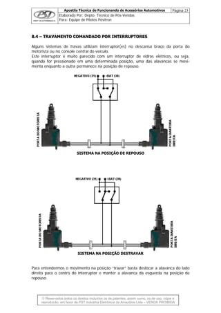 Apostila Técnica de Funcionando de Acessórios Automotivos Página 23
Elaborado Por: Depto. Técnico de Pós-Vendas
Para: Equipe de Pilotos Pósitron
© Reservados todos os direitos incluídos os de patentes, assim como, os de uso, cópia e
re
88..44 –– TTRRAAVVAAMMEENNTTOO CCOOMMAANNDDAADDOO PPOORR IINNTTEERRRRUUPPTTOORREESS
Alguns sistemas de travas utilizam interruptor(es) no descansa braço da porta do
motorista ou no console central do veículo.
Este interruptor é muito parecido com um interruptor de vidros elétricos, ou seja,
quando for pressionado em uma determinada posição, uma das alavancas se movi-
menta enquanto a outra permanece na posição de repouso.
SISTEMA NA POSIÇÃO DE REPOUSO
SISTEMA NA POSIÇÃO DESTRAVAR
Para entendermos o movimento na posição “travar” basta deslocar a alavanca do lado
direito para o centro do interruptor e manter a alavanca da esquerda na posição de
repouso.
produção, em favor de PST Indústria Eletrônica da Amazônia Ltda – VENDA PROIBIDA
 