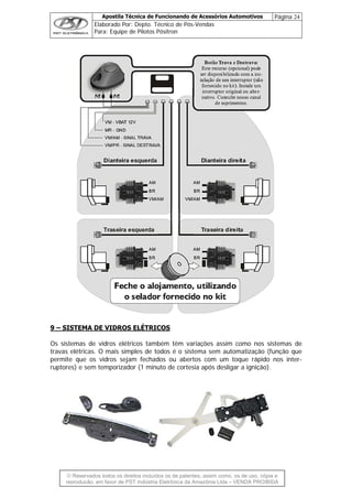 Apostila Técnica de Funcionando de Acessórios Automotivos Página 24
Elaborado Por: Depto. Técnico de Pós-Vendas
Para: Equipe de Pilotos Pósitron
© Reservados todos os direitos incluídos os de patentes, assim como, os de uso, cópia e
re
9 – SISTEMA DE VIDROS ELÉTRICOS
Os sistemas de vidros elétricos também têm variações assim como nos sistemas de
travas elétricas. O mais simples de todos é o sistema sem automatização (função que
permite que os vidros sejam fechados ou abertos com um toque rápido nos inter-
ruptores) e sem temporizador (1 minuto de cortesia após desligar a ignição).
produção, em favor de PST Indústria Eletrônica da Amazônia Ltda – VENDA PROIBIDA
 