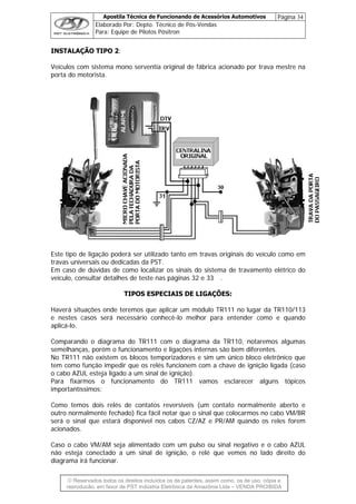 Apostila Técnica de Funcionando de Acessórios Automotivos Página 34
Elaborado Por: Depto. Técnico de Pós-Vendas
Para: Equipe de Pilotos Pósitron
© Reservados todos os direitos incluídos os de patentes, assim como, os de uso, cópia e
re
INSTALAÇÃO TIPO 2:
eículos com sistema mono serventia original de fábrica acionado por trava mestre na
ste tipo de ligação poderá ser utilizado tanto em travas originais do veículo como em
s sinais do sistema de travamento elétrico do
TIPOS ESPECIAIS DE LIGAÇÕES:
averá situações onde teremos que aplicar um módulo TR111 no lugar da TR110/113
Comparando o diagrama do TR111 com o diagrama da TR110, notaremos algumas
nico que
vamos esclarecer alguns tópicos
omo temos dois relés de contatos reversíveis (um contato normalmente aberto e
aso o cabo VM/AM seja alimentado com um pulso ou sinal negativo e o cabo AZUL
não esteja conectado a um sinal de ignição, o relé que vemos no lado direito do
diagrama irá funcionar.
V
porta do motorista.
E
travas universais ou dedicadas da PST.
Em caso de dúvidas de como localizar o
veículo, consultar detalhes de teste nas páginas 32 e 33 .
H
e nestes casos será necessário conhecê-lo melhor para entender como e quando
aplicá-lo.
semelhanças, porém o funcionamento e ligações internas são bem diferentes.
No TR111 não existem os blocos temporizadores e sim um único bloco eletrô
tem como função impedir que os relés funcionem com a chave de ignição ligada (caso
o cabo AZUL esteja ligado a um sinal de ignição).
Para fixarmos o funcionamento do TR111
importantíssimos:
C
outro normalmente fechado) fica fácil notar que o sinal que colocarmos no cabo VM/BR
será o sinal que estará disponível nos cabos CZ/AZ e PR/AM quando os reles forem
acionados.
C
produção, em favor de PST Indústria Eletrônica da Amazônia Ltda – VENDA PROIBIDA
 