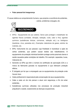 PINTURA DE MÓVEIS




     •   Fator pessoal de insegurança


 É causa relativa ao comportamento humano, que propicia a ocorrência de acidentes.
 Ex: Doença na família, excesso de horas extras, problemas conjugais, etc.




     •   EPCs : Equipamento de uso coletivo. Serve para proteger o trabalhador de
         agentes físicos (umidade, vibração, radiação, ruído, calor e frio); agentes
         químicos (substâncias tóxicas, corrosivas, radiação etc.) ou biológicos
         (bactérias, vírus, parasitas etc.). Exemplos: detectores de gases, extintor de
         incêndio, etc.
     •   EPIs: Instrumento de uso pessoal, cuja finalidade é neutralizar a ação de
         certos     acidentes,   que   podem   causar   lesões   aos   trabalhadores.   O
         equipamento de proteção individual também protege contra possíveis danos à
         saúde causados pelas condições de trabalho. Por exemplo: capacetes, luvas,
         máscaras etc.
     •   Somente os EPIs que têm o número do certificado de aprovação (CA) e a
         marca do fabricante gravada no equipamento é que oferecem proteção
         efetiva.
     •   É obrigado por lei que o empregado use os equipamentos de proteção onde
         houver risco.
     •   Cada profissional é responsável pela conservação de seus equipamentos.
     •   Cabe a cada um de nós pensar e atuar com segurança, a fim de evitar
         acidentes.
     •   Substâncias químicas utilizadas nos processos de produção industrial
         prejudicam a saúde, ocasionando as doenças ocupacionais.




  14– SENAI - Departamento Regional de Mato Grosso
 