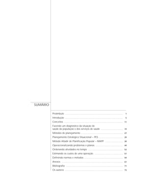 SUMÁRIO

          Preâmbulo      .............................................................................................................   1

          Introdução     .............................................................................................................   5

          Conceitos    ............................................................................................................... 11

          Fazendo um diagnóstico da situação de
          saúde da população e dos serviços de saúde                                       .......................................... 19

          Métodos de planejamento                     ............................................................................... 27

          Planejamento Estratégico Situacional – PES                                    ............................................. 29

          Método Altadir de Planificação Popular – MAPP                                             ................................. 39

          Operacionalizando problemas e planos                                    ................................................... 49

          Ordenando atividades no tempo                             ................................................................. 53

          Estimando os custos de uma operação                                   ..................................................... 57

          Definindo normas e métodos                        ......................................................................... 59

          Anexos   ................................................................................................................... 61

          Bibliografia     ........................................................................................................... 71

          Os autores     ............................................................................................................. 73
 