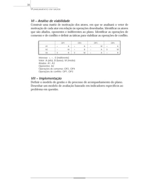 38
     PLANEJAMENTO     EM SAÚDE




     VI – Análise de viabilidade
     Construir uma matriz de motivação dos atores, em que se analisará o vetor de
     motivação de cada ator em relação às operações desenhadas. Identificar os atores
     que são aliados, oponentes e indiferentes ao plano. Identificar as operações de
     consenso e de conflito e definir as táticas para viabilizar as operações de conflito.

                                 OP1               OP2           OP3           OP4
                 A1          +          A     +          A   +         M   +         A
                 A2          –          M     +          B   –         A   0         M
                 A3          0          B     0          M   +         A   +         B

           Interesse: +, – , 0 (indiferente)
           Valor: A (alto), B (baixo), M (médio)
           Aliados: A1, A3
           Oponentes: A2
           Operações de consenso: OP2, OP4
           Operações de conflito: OP1, OP3


     VII – Implementação
     Definir o modelo de gestão e do processo de acompanhamento do plano.
     Desenhar um modelo de avaliação baseado em indicadores específicos ao
     problema em questão.
 
