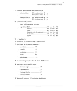51
                                                                  OPERACIONALIZANDO         PROBLEMAS E PLANOS




7. Consultas odontológicas/odontólogo/turno:
      • odontoclínica:                           18 consultas/turno de 6 h
                                                 24 consultas/turno de 8 h
      • odontopediatria:                         15 consultas/turno de 6 h
                                                 20 consultas/turno de 8 h
8. Necessidades de vacinas:
      • geral: 400 doses/1.000 hab./ano
      • específicas: BCG............................................................ 10%    ou 40/1.000
                     Tríplice...................................................... 30%     ou 120/1.000
                     Sabin .......................................................... 30%   ou 120/1.000
                     Sarampo, rubéola, parotidite........... 5%                             ou 20/1.000
                     Antitetânica ............................................. 10%         ou 40/1.000
                     Outras........................................................ 15%     ou 60/1.000

III – Hospitalares
1. Ocorrência de internações: 100/1.000 hab./ano
2. Ocorrência de internações por clínica:
      • obstétrica .............................. 30%
      • cirúrgica        ................................   25%
      • pediátrica .............................. 20%
      • médica ........................................ 20%
      • psiquiátrica .......................... 4%

3. Necessidades gerais de leitos: 4 leitos/1.000 habitantes

4. Distribuição percentual de leitos:
      • clínica cirúrgica                .................................. 35%

      • clínica médica ...................................... 25%
      • clínica pediátrica                 ................................ 25%

      • clínica obstétrica ................................ 15%

5. Número de leitos em UTI ou similar: 4 a 10 leitos
 