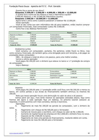 Fundação Paula Souza – Apostila de P.F.C – Prof. Geraldo

      Quanto fica a soma do seu Ativo?
     Resposta: 5.500,00 + 2.000,00 + 4.000,00 + 500,00 = 12.000,00
      E quanto fica a soma do seu Passivo e mais o Patrimônio Liquido?
     2.000,00 (Passivo) + R$ 10.000,00 (Patrimônio Líquido)
     Resposta: 2.000,00 + 10.000,00 = 12.000,00
      Agora tanto o ativo como o passivo passaram a totalizar R$ 12.000,00
      Sexta operação:
      Você se deu conta que sem informática não dá para trabalhar, então resolve comprar
um computador financiado, esse computador custou R$ 3.000,00.
      Como fica o seu Balanço Patrimonial?

                      Ativo                                         Passivo
Deposito no Banco         5.500,00             Fornecedores              2.000,00
Veiculo                   2.000,00             Financiamentos            3.000,00
Mercadorias               4.000,00             Patrimônio Líquido
Caixa                     500,00               Capital Social            10.000,00
Computador                3.000,00
Soma do Ativo             15.000,00            Soma do Passivo           15.000,00

       Analisemos juntos
        Você comprou um computador, portanto, lhe pertence, então ficará no Ativo, mas
como comprou financiado, ele também gerou uma obrigação para com terceiros, a de pagar as
prestações desse computador.
        OBS.: Já coloquei o total do ativo e do passivo, para uma melhor analise.
        Vamos a ultima operação:
        Você pagou R$ 200,00 com o dinheiro que estava no banco a 1.ª prestação da compra
do computador.
        Veja o Balanço:

                      Ativo                                         Passivo
Deposito no Banco         5.300,00            Fornecedores               2.000,00
Veiculo                   2.000,00            Financiamentos             2.800,00
Mercadorias               4.000,00            Patrimônio Líquido
Caixa                     500,00              Capital Social            10.000,00
Computador                3.000,00

Soma do Ativo                14.800,00        Soma do Passivo           14.800,00

       Vejamos
        Você pagou R$ 200,00 pela 1.ª prestação então você ficou com R$ 200,00 a menos no
banco, em contra partida a sua divida do financiamento também diminuiu os mesmos R$
200,00.
        Note que nessa operação houve uma diminuição no valor do ativo e do passivo
       Vamos parar por aqui, mais tente resolver as operações colocadas abaixo, faça como
fizemos até agora a cada operação faça um balanço, no próximo tutorial colocarei as
respostas. E continuaremos com mais conceitos, teorias e exercícios.
        Operações
       A.     Pagamento de mais R$ 200,00 da parcela do computador, com o dinheiro do
caixa.
       B.     Pagamento com cheque de R$ 500,00 para o fornecedor.
       C.     Compra de moveis para o escritório, com cheque no valor de R$ 1.000,00.
       D.     Aumento do Capital Social da empresa em R$ 3.000,00 o dinheiro ficou no caixa.
       E.     Deposito de R$ 2.500,00 no banco.
       F.     Pagamento de mais uma parcela do financiamento, mediante débito em conta.
       G.     Pagamento de mais R$ 300,00 para o fornecedor.




www.exacon.com.br – 070207                                                                41
 