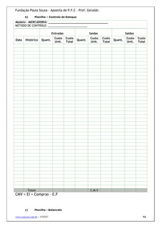 Fundação Paula Souza – Apostila de P.F.C – Prof. Geraldo

       b)      Planilha – Controle de Estoque

Modelo - MERCADORIA: __________________________________
MÉTODO DE CONTROLE: _________________________

                             Entradas                    Saídas                    Saldos
                              Custo     Custo            Custo    Custo            Custo    Custo
Data    Histórico   Quant.                      Quant.                    Quant.
                              Unit.     Total            Unit.    Total            Unit.    Total




         Totais                                          C.M.V
CMV = EI + Compras – E.F



       c)      Planilha - Balancete

www.exacon.com.br – 070207                                                                     54
 