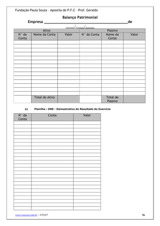 Fundação Paula Souza – Apostila de P.F.C – Prof. Geraldo

                            Balanço Patrimonial
            Empresa ______________________________________de
                              ____/____/____
                   Ativo                                           Passivo
  N° da       Nome da Conta          Valor       N° da Conta      Nome da    Valor
  Conta                                                             Conta




               Total do Ativo                                     Total do
                                                                  Passivo

       e)      Planilha - DRE - Demostrativo do Resultado do Exercício

  N° da                      Conta                Valor
  Conta




www.exacon.com.br – 070207                                                           56
 