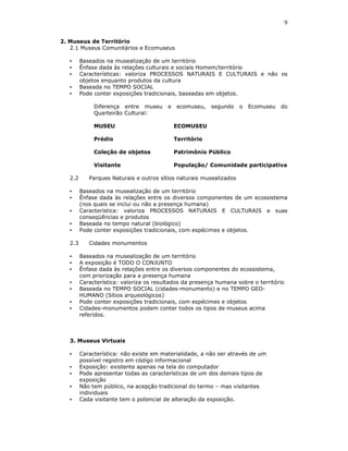 9

2. Museus de Território
   2.1 Museus Comunitários e Ecomuseus

   •     Baseados na musealização de um território
   •     Ênfase dada às relações culturais e sociais Homem/território
   •     Características: valoriza PROCESSOS NATURAIS E CULTURAIS e não os
         objetos enquanto produtos da cultura
   •     Baseada no TEMPO SOCIAL
   •     Pode conter exposições tradicionais, baseadas em objetos.

              Diferença entre museu      e    ecomuseu,   segundo    o   Ecomuseu   do
              Quarteirão Cultural:

              MUSEU                          ECOMUSEU

              Prédio                         Território

              Coleção de objetos             Patrimônio Público

              Visitante                      População/ Comunidade participativa

   2.2      Parques Naturais e outros sítios naturais musealizados

   •     Baseados na musealização de um território
   •     Ênfase dada às relações entre os diversos componentes de um ecossistema
         (nos quais se inclui ou não a presença humana)
   •     Característica: valoriza PROCESSOS NATURAIS E CULTURAIS e suas
         conseqüências e produtos
   •     Baseada no tempo natural (biológico)
   •     Pode conter exposições tradicionais, com espécimes e objetos.

   2.3      Cidades monumentos

   •     Baseados na musealização de um território
   •     A exposição é TODO O CONJUNTO
   •     Ênfase dada às relações entre os diversos componentes do ecossistema,
         com priorização para a presença humana
   •     Característica: valoriza os resultados da presença humana sobre o território
   •     Baseada no TEMPO SOCIAL (cidades-monumento) e no TEMPO GEO-
         HUMANO (Sítios arqueológicos)
   •     Pode conter exposições tradicionais, com espécimes e objetos
   •     Cidades-monumentos podem conter todos os tipos de museus acima
         referidos.



   3. Museus Virtuais

   •     Característica: não existe em materialidade, a não ser através de um
         possível registro em código informacional
   •     Exposição: existente apenas na tela do computador
   •     Pode apresentar todas as características de um dos demais tipos de
         exposição
   •     Não tem público, na acepção tradicional do termo – mas visitantes
         individuais
   •     Cada visitante tem o potencial de alteração da exposição.
 