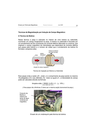 Ensaio por Partículas Magnéticas         Ricardo Andreucci                Jan./2009
                                                                                       21



Técnicas de Magnetização por Indução de Campo Magnético:

A Técnica da Bobina:

Nessa técnica a peça é colocada no interior de uma bobina ou solenóide,
ocorrendo um campo longitudinal na peça. A bobina ou solenóide é formada por
um enrolamento de fios condutores da corrente elétrica alternada ou contínua, que
originam o campo magnético de intensidade que dependerá da corrente elétrica
que passa pela bobina e o número de voltas que o enrolamento da bobina foi
formado ( amperes-volta)
                                                      bobina se desloca
                                                      ao longo da peça.
                                    defeito
                            peça    detectável




                         direção do campo magnético


                        Técnica de inspeção por Bobina ou Solenóide


Para peças onde a razão L/D , onde L é o comprimento da peça sendo no máximo
18 polegadas e D o seu diâmetro, for maior ou igual a 4 , a intensidade do campo
pode ser calculada através da fórmula:

                      Ampére-volta = 35000 / (L/D) + 2 ( + 10% )
                                       ( fonte: ASME Sec.V Art.7 )

       ( Para peças não cilíndricas, D deve ser a máxima seção transversal da peça.)


  Conjunto da
  Bobina e
  sistema de
  spray de água
  contendo pó
  magnético.




                    Ensaio de um virabrequim pela técnica da bobina
 