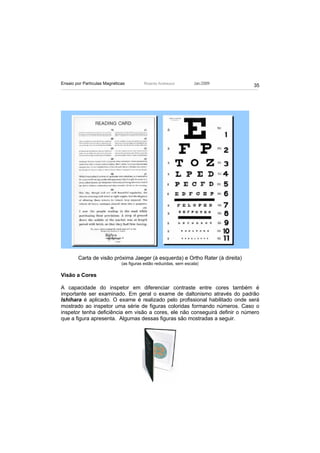 Ensaio por Partículas Magnéticas         Ricardo Andreucci         Jan./2009
                                                                               35




        Carta de visão próxima Jaeger (à esquerda) e Ortho Rater (à direita)
                              (as figuras estão reduzidas, sem escala)

Visão a Cores

A capacidade do inspetor em diferenciar contraste entre cores também é
importante ser examinado. Em geral o exame de daltonismo através do padrão
Ishihara é aplicado. O exame é realizado pelo profissional habilitado onde será
mostrado ao inspetor uma série de figuras coloridas formando números. Caso o
inspetor tenha deficiência em visão a cores, ele não conseguirá definir o número
que a figura apresenta. Algumas dessas figuras são mostradas a seguir.
 