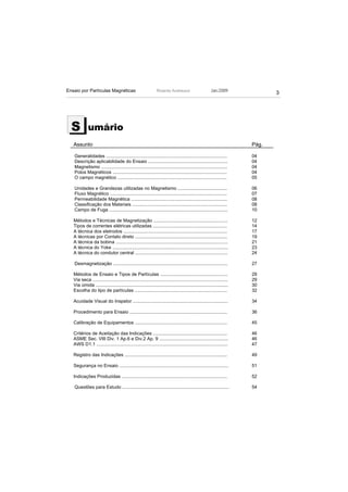 Ensaio por Partículas Magnéticas                               Ricardo Andreucci                       Jan./2009
                                                                                                                              3




  S          umário
   Assunto                                                                                                             Pág.

   Generalidades .............................................................................................         04
   Descrição aplicabilidade do Ensaio .............................................................                    04
   Magnetismo .................................................................................................        04
   Polos Magnéticos ........................................................................................           04
   O campo magnético ....................................................................................              05

   Unidades e Grandezas utilizadas no Magnetismo ......................................                                06
   Fluxo Magnético ..........................................................................................          07
   Permeabilidade Magnética ..........................................................................                 08
   Classificação dos Materiais .........................................................................               08
   Campo de Fuga ...........................................................................................           10

   Métodos e Técnicas de Magnetização .........................................................                        12
   Tipos de correntes elétricas utilizadas .........................................................                   14
   A técnica dos eletrodos ................................................................................            17
   A técnicas por Contato direto .......................................................................               19
   A técnica da bobina ......................................................................................          21
   A técnica do Yoke .........................................................................................         23
   A técnica do condutor central .......................................................................               24

   Desmagnetização ........................................................................................            27

   Métodos de Ensaio e Tipos de Partículas ....................................................                        29
   Via seca ........................................................................................................   29
   Via úmida ......................................................................................................    30
   Escolha do tipo de partículas .......................................................................               32

   Acuidade Visual do Inspetor .........................................................................               34

   Procedimento para Ensaio ...........................................................................                36

   Calibração de Equipamentos .......................................................................                  45

   Critérios de Aceitação das Indicações .........................................................                     46
   ASME Sec. VIII Div. 1 Ap.6 e Div.2 Ap. 9 .....................................................                      46
   AWS D1.1 .....................................................................................................      47

   Registro das Indicações ...............................................................................             49

   Segurança no Ensaio ....................................................................................            51

   Indicações Produzidas .................................................................................             52

   Questões para Estudo ..................................................................................             54
 