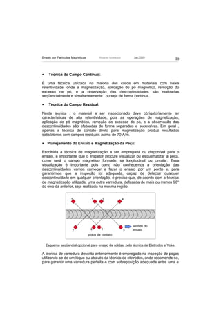 Ensaio por Partículas Magnéticas          Ricardo Andreucci       Jan./2009
                                                                                           39



•     Técnica do Campo Contínuo:

É uma técnica utilizada na maioria dos casos em materiais com baixa
retentividade, onde a magnetização, aplicação do pó magnético, remoção do
excesso de pó, e a observação das descontinuidades são realizadas
seqüencialmente e simultaneamente , ou seja de forma contínua.

•     Técnica do Campo Residual:

Nesta técnica , o material a ser inspecionado deve obrigatoriamente ter
características de alta retentividade, pois as operações de magnetização,
aplicação do pó magnético, remoção do excesso de pó, e a observação das
descontinuidades são efetuadas de forma separadas e sucessivas. Em geral ,
apenas a técnica de contato direto para magnetização produz resultados
satisfatórios com campos residuais acima de 70 A/m.

• Planejamento do Ensaio e Magnetização da Peça:

Escolhida a técnica de magnetização a ser empregada ou disponível para o
ensaio, é importante que o Inspetor procure visualizar ou esquematizar a peça,
como será o campo magnético formado, se longitudinal ou circular. Essa
visualização é importante pois como não conhecemos a orientação das
descontinuidades vamos começar a fazer o ensaio por um ponto e, para
garantirmos que a inspeção foi adequada, capaz de detectar qualquer
descontinuidade em qualquer orientação, é preciso que, de acordo com a técnica
de magnetização utilizada, uma outra varredura, defasada de mais ou menos 90°
do eixo da anterior, seja realizada na mesma região.


                     1               3      2                 4




                                                                  sentido do
                     2              4      1                  3   ensaio
                                   polos de contato


    Esquema seqüencial opcional para ensaio de soldas, pela técnica de Eletrodos e Yoke.

A técnica de varredura descrita anteriormente é empregada na inspeção de peças
utilizando-se de um Ioque ou através da técnica de eletrodos, onde recomenda-se,
para garantir uma varredura perfeita e com sobreposição adequada entre uma e
 