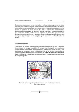 Ensaio por Partículas Magnéticas    Ricardo Andreucci     Jan./2009
                                                                                  5


Se dispusermos de duas barras imantadas e colocarmos uma próxima da outra,
deixando uma fixa e a outra livre, verificaremos que ocorrerá uma força de atração
entre as barras de modo a fazer com que se unam. No entanto, se separarmos as
barras e girarmos a barra móvel de 180° e novamente aproximarmos,
verificaremos que ao invés de ocorrer a atração, ocorrerá a força de repulsão, o
que nos leva a concluir que temos duas espécies de pólos. Uma que promove a
atração e o outro que promove a repulsão. Isto é, numa mesma barra os pólos não
são iguais. É por isso que se diz que pólos iguais se repelem e pólos diferentes se
atraem.



O Campo magnético

Uma região do espaço que foi modificada pela presença de um imã , recebe a
denominação de campo magnético. O campo magnético pode ser visualizado
quando limalha de material ferromagnético é pulverizado sobre um imã. Tais
partículas se comportam como minúsculos imãs e se alinham na direção do
campo magnético, formando o que chamamos de linhas de indução ou linhas de
fluxo. As linhas de indução são sempre contínuas e mostram claramente a forma
do campo magnético.




        Forma do campo magnético produzido por uma barra imantada e visualizada
                                 por limalha de ferro
 