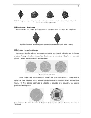 6




dipirâmide triangular   dipirâmide pentagonal     prisma triangular triaumentado     disfenóide achatado (snub)
                                        Figura 11: Exemplos de Deltaedros


2.7 Dipirâmides e Deltoedros
    As dipirâmides são sólidos duais dos prismas e os deltoedros são duais dos antiprismas.




            Figura 12: Dipirâmide pentagonal (sólido à esquerda) e deltoedro pentagonal (sólido à direita)



2.8 Esferas e Domos Geodésicos

    Uma esfera geodésica é uma estrutura composta de uma rede de triângulos que dá forma a
uma superfície aproximadamente esférica. Quanto maior o número de triângulos na rede, mais
próxima a esfera geodésica estará de uma esfera.




                                           Figura 13: Esferas Geodésicas

         Esses sólidos são classificados de acordo com suas freqüências. Quanto maior a
freqüência mais triângulos tem o sólido e, conseqüentemente, mais curvada é sua estrutura
(Figura 14). Três sólidos platônicos, o tetraedro, o octaedro e o icosaedro, são esferas
geodésicas de freqüência 1.




Figura 14: Esfera Geodésica Hexaédrica de Freqüência 1 (à esquerda) e Esfera Geodésica Hexaédrica de
Freqüência 2
 
