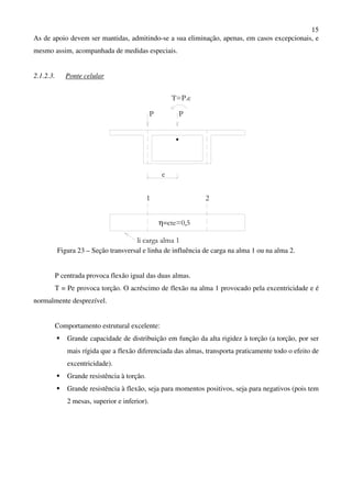 15
As de apoio devem ser mantidas, admitindo-se a sua eliminação, apenas, em casos excepcionais, e
mesmo assim, acompanhada de medidas especiais.
2.1.2.3. Ponte celular
P P
e
T=P.e
1 2
li carga alma 1
η=cte=0,5
Figura 23 – Seção transversal e linha de influência de carga na alma 1 ou na alma 2.
P centrada provoca flexão igual das duas almas.
T = Pe provoca torção. O acréscimo de flexão na alma 1 provocado pela excentricidade e é
normalmente desprezível.
Comportamento estrutural excelente:
Grande capacidade de distribuição em função da alta rigidez à torção (a torção, por ser
mais rígida que a flexão diferenciada das almas, transporta praticamente todo o efeito de
excentricidade).
Grande resistência à torção.
Grande resistência à flexão, seja para momentos positivos, seja para negativos (pois tem
2 mesas, superior e inferior).
 