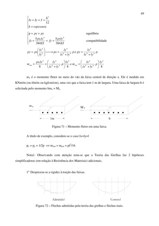 49





=
===
espessurah
h
IIyIx
12
3





===
+=
idadecompatibil
384
5
384
.5
equilíbriop
44
EI
pyly
fy
EI
lxpx
fx
pypy
p
lylx
lx
pyp
lylx
ly
px
ly
lx
pxpy 44
4
44
4
4
4
e
+
=
+
=→





=
8
.
8
.
8
. 2
44
42
44
42
ly
p
lylx
lx
me
lx
p
lylx
lylxpx
m ymxm 





+
=





+
==
mx é o momento fletor no meio do vão da faixa central de direção x. Ele é medido em
KNm/m (ou tfm/m ou kgfcm/cm), uma vez que a faixa tem 1 m de largura. Uma faixa de largura b é
solicitada pelo momento bmx = Mx.
1m b
m Mx x
Figura 71 – Momento fletor em uma faixa.
A título de exemplo, considere-se o caso lx=ly=l
px = py = 1/2p => mxm = mym = pl2
/16
Nota1: Observando com atenção nota-se que a Teoria das Grelhas faz 2 hipóteses
simplificadoras (em relação à Resistência dos Materiais) adicionais.
1a.
Desprezou-se a rigidez à torção das faixas.
Admitido! Correto!
Figura 72 – Flechas admitidas pela teoria das grelhas e flechas reais.
 