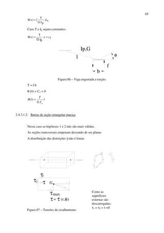 65
∫=θ xd.
pI.G
T
)x(
Caso T e Ip sejam constantes:
1cx.)x( +=θ
pG.I
T
θ
f
b
l
Ip,G
Figura 86 – Viga engastada a torção.
T = f.b
θ (0) = C1 = 0
l
IG
T
l
p.
)( =θ
2.4.3.1.2. Barras de seção retangular maciça
Nesse caso as hipóteses 1 e 2 não são mais válidas.
As seções transversais empenam deixando de ser planas
A distribuição das distorções γ não é linear.
τmax
Gτ τ
τ1
2
τ= (r, )τ θ
Figura 87 – Tensões de cisalhamento
Como as
superfícies
externas são
descarregadas:
τ1 = τ2 = τ =0
 