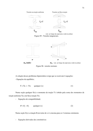 71
T =Tu
τtu
Tensões na torção uniforme Tensões na flexo-torção
twτ
T =Tw
(cte. ao longo da espessura e nulo na alma)
Figura 95 - Tensões tangenciais.
τtuτ tw
+
+
-
-
σσσσtu (nulo) σσσσtw (cte. ao longo da espessura e nulo na alma)
Figura 96 - tensões normais
A solução desses problemas hiperestático exige que se escrevam 4 equações:
- Equações de equilíbrio:
T = Tu + Tw qualquer (x) (1)
Numa seção qualquer S(x) o momento de torção T é obtido pela soma dos momentos de
torção uniforme Tu e de flexo-torção Tw.
- Equações de compatibilidade:
wu θθθ == qualquer (x) (2)
Numa seção S(x) a rotação θ em torno de x é a mesma para os 2 sistemas estruturais.
- Equações derivadas das constitutivas:
 
