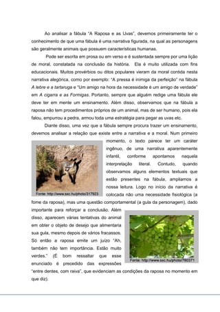 Ao analisar a fábula “A Raposa e as Uvas”, devemos primeiramente ter o
conhecimento de que uma fábula é uma narrativa figurada, na qual as personagens
são geralmente animais que possuem características humanas.
Pode ser escrita em prosa ou em verso e é sustentada sempre por uma lição
de moral, constatada na conclusão da história. Ela é muito utilizada com fins
educacionais. Muitos provérbios ou ditos populares vieram da moral contida nesta
narrativa alegórica, como por exemplo: “A pressa é inimiga da perfeição” na fábula
A lebre e a tartaruga e “Um amigo na hora da necessidade é um amigo de verdade”
em A cigarra e as Formigas. Portanto, sempre que alguém redige uma fábula ele
deve ter em mente um ensinamento. Além disso, observamos que na fábula a
raposa não tem procedimentos próprios de um animal, mas de ser humano, pois ela
falou, empurrou a pedra, armou toda uma estratégia para pegar as uvas etc.
Diante disso, uma vez que a fábula sempre procura trazer um ensinamento,
devemos analisar a relação que existe entre a narrativa e a moral. Num primeiro
momento, o texto parece ter um caráter
ingênuo, de uma narrativa aparentemente
infantil, conforme apontamos naquela
interpretação literal. Contudo, quando
observamos alguns elementos textuais que
estão presentes na fábula, ampliamos a
nossa leitura. Logo no início da narrativa é
colocada não uma necessidade fisiológica (a
fome da raposa), mas uma questão comportamental (a gula da personagem), dado
importante para reforçar a conclusão. Além
disso, aparecem várias tentativas do animal
em obter o objeto de desejo que alimentaria
sua gula, mesmo depois de vários fracassos.
Só então a raposa emite um juízo “Ah,
também não tem importância. Estão muito
verdes.” (É bom ressaltar que esse
enunciado é precedido das expressões
“entre dentes, com raiva”, que evidenciam as condições da raposa no momento em
que diz).
 