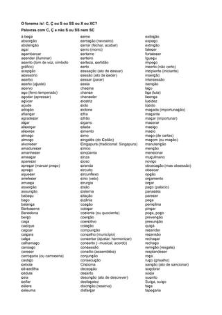 O fonema /s/: C, Ç ou S ou SS ou X ou XC?
Palavras com C, Ç e não S ou SS nem SC
à beça
absorção
abstenção
açaí
açambarcar
acender (iluminar)
acento (tom de voz, símbolo
gráfico)
acepção
acessório
acerbo
acerto (ajuste)
acervo
aço (ferro temperado)
açodar (apressar)
açúcar
açude
adoção
afiançar
agradecer
alçar
alicerçar
alicerce
almaço
almoço
alvorecer
amadurecer
amanhecer
ameaçar
aparecer
apreçar (marcar preço)
apreço
aquecer
arrefecer
arruaça
asserção
assunção
babaçu
baço
balança
Barbacena
Barcelona
berço
caça
cacique
caçoar
caiçara
calça
calhamaço
cansaço
carecer
carroçaria (ou carroceria)
castiço
cebola
cê-cedilha
cédula
ceia
ceifar
célere
celeuma
cerne
cerração (nevoeiro)
cerrar (fechar, acabar)
cerro (morro)
certame
certeiro
certeza, certidão
certo
cessação (ato de cessar)
cessão (ato de ceder)
cessar (parar)
cesta
chacina
chance
chanceler
cicatriz
ciclo
ciclone
cifra
cifrão
cigarro
cilada
cimento
cimo
cingalês (do Ceilão)
Cingapura (tradicional: Singapura)
cínico
cinqüenta
cinza
cioso
ciranda
circuito
circunflexo
círio (vela)
cirurgia
cisão
cisterna
citação
cizânia
coação
cobiçar
cociente (ou quociente)
coerção
coercitivo
coleção
compunção
concelho (município)
concertar (ajustar, harmonizar)
concerto (- musical, acordo)
concessão
concílio (assembléia)
conjunção
consecução
Criciúma
decepção
decerto
descrição (ato de descrever)
desfaçatez
discrição (reserva)
disfarçar
exibição
expeço
extinção
falecer
fortalecer
Iguaçu
impeço
incerto (não certo)
incipiente (iniciante)
inserção
intercessão
isenção
laço
liça (luta)
licença
lucidez
lúcido
maçada (importunação)
maçante
maçar (importunar)
macerar
maciço
macio
maço (de cartas)
maçom (ou mação)
manutenção
menção
mencionar
muçulmano
noviço
obcecação (mas obsessão)
obcecar
opção
orçamento
orçar
paço (palácio)
panacéia
parecer
peça
penicilina
pinçar
poça, poço
prevenção
presunção
quiçá
recender
recensão
rechaçar
rechaço
remição (resgate)
resplandecer
roça
ruço (grisalho)
sanção (ato de sancionar)
soçobrar
súcia
sucinto
Suíça, suíço
taça
tapeçaria
 