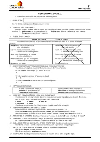 21
                                                                                                   PORTUGUÊS

                                          CONCORDÂNCIA VERBAL
         É a concordância do verbo com o sujeito em número e pessoa.

1.   REGRA GERAL:

     Ex.: Tu tinhas razão quando dizias que eu era cínica.

2.   SUJEITO POSPOSTO AO VERBO:
         O verbo vai para o plural, caso o sujeito seja composto ou plural, podendo também concordar com o mais
     próximo. Ex.: Apareceram as fórmulas salvadoras.      Chegaram o Governo e a Oposição a um impasse.
                   Chegou a correspondência e o pacote.

3.   VERBOS HAVER E FAZER:
                               HAVER = EXISTIR                 FAZER = TEMPO
            Não devem concordar com as expressões que os acompanharem, ficam na 3ª pessoa do singular.
Portanto:
 Havia fortes indícios de compra de                               Haviam fortes indícios de compra de
          votos pelo Ministro.                                             votos pelo Ministro.
 Faz três anos que eles vivem juntos                              Fazem três anos que eles vivem juntos
          e nunca tiveram uma briga séria.                                 e nunca tiveram uma briga séria.
 Deve haver fortes indícios de compra                             Devem haver fortes indícios de compra
        de votos pelo Ministro.                                           de votos pelo Ministro.
 Vai fazer três anos que eles vivem juntos                        Vão fazer três anos que eles vivem juntos
          e nunca tiveram uma briga séria.                                  e nunca tiveram uma briga séria.
 Devem ser três horas.                                            Deve ser três horas.
4.   SUJEITO COMPOSTO COM PRONOMES PESSOAIS DE PESSOAS DIFERENTES:
         O verbo vai para o plural, concordando com o pronome de “menor” pessoa.
         EU e TU somos bons amigos. (1ª pessoa do plural)
          1    2

         TU e ELE sois bons amigos. (2ª pessoa do plural)
          2    3
         TU e PAULO falastes de mal de mim. (2ª pessoa do plural)
          2     3

5.   VOZ PASSIVA PRONOMINAL:
              VERBOS TRANSITIVOS DIRETOS                               VERBOS TRANSITIVOS INDIRETOS
              Vendem-se apartamentos aqui.                             Precisa-se de empregadas domésticas.
              Compram-se ações da CRT.                                 Necessita-se de doações de roupas.
6.   VERBO SER: EM INDICAÇÕES DE HORA, DATA OU DISTÂNCIA
         O verbo concorda com o predicado. São cinco horas da madrugada. Hoje são quinze de abril. É meio-dia.
         EM LOCUÇÕES, ESPECIFICANDO PREÇO, PESO OU QUANTIDADE
         é muito          é pouco            é mais de
         é menos de       é tanto
         O verbo vai para o singular. Ex.: Duas semanas é muito para fechar o negócio.
7.   SUJEITO REPRESENTADO POR “QUE” ou “QUEM”:
         O verbo concorda em número e pessoa com o antecedente do pronome QUE.
         És tu que deves assumir a responsabilidade. Somos nós que iremos a presença do juiz.
         Quando o pronome for QUEM, o verbo deve ir para a 3ª pessoa. Sou eu quem deve ir ao Cartório.
8.   PRONOME DE TRATAMENTO: O verbo permanece na 3ª pessoa. V. Senhoria trouxe o mandado de prisão?
9.   TOPÔNIMOS: O verbo concorda com o artigo. Na falta deste, o verbo permanece no singular.
         Os Estados Unidos são imperialistas. Campinas localiza-se no Estado de São Paulo.
10. QUAL, ALGUM, NENHUM, QUALQUER + DE NÓS, DENTRE NÓS: O verbo concorda com o pronome.
         Qual de nós vencerá a corrida. Alguns de nós não querem pagar a mais para participar.
11. MAIS DE UM: O verbo deve ficar no singular, exceto se ele exprimir reciprocidade.
         Mais de um chegou atrasado à reunião.
         Mais de um dos brigões acertaram-se socos.
12. UM OU OUTRO: O verbo permanece na 3ª pessoa do singular. Um ou outro amigo lhe ligou.
 