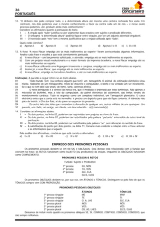36
PORTUGUÊS

12. “O dinheiro não pode comprar tudo, e a determinada altura até mesmo uma carteira recheada fica vazia. Em
    contraste, nós dois podemos usar o mesmo conhecimento a favor ou contra cada um de nós – e nesse exato
    processo podemos, até, produzir ainda mais conhecimento.”
    Considere as afirmações quanto à pontuação do texto.
    I   – A vírgula após “tudo” justifica-se por segmentar duas orações com sujeito e predicado diferentes.
    II – O sintagma “a determinada altura” poderia figurar entre vírgulas, por ser um adjunto adverbial virgulável.
    III – O travessão após “nós” tem a mesma justificativa que a vírgula utilizada após “tudo”.
    Quais estão corretas?
    a) Apenas I        b)    Apenas II          c)   Apenas III                d)   Apenas I e II   e)   I, II e III

13. A frase “A nova Placar empolga até os mais indiferentes ao esporte” foram acrescentadas algumas informações.
    Analise cada frase e escolha a que está corretamente pontuada.
    a) A nova Placar – um lançamento sofisticado, e atrevido; empolga até os mais indiferentes ao esporte.
    b) Com um projeto visual revolucionário e o maior formato da imprensa brasileira, a nova Placar empolga até os
         mais indiferentes ao esporte.
    c) A nova Placar utilizando uma linguagem irreverente e corajosa, empolga até os mais indiferentes ao esporte.
    d) Assine já, a nova Placar; que empolga até os mais indiferentes ao esporte.
    e) A nova Placar, empolga os torcedores fanáticos, e até os mais indiferentes ao esporte.

Instrução: A questão a seguir refere-se ao texto abaixo.
01          Todo mundo tem (ou conhece alguém que tem) um tamagotchi. O animal de estimação eletrônico virou
02   mania. Habitante de um miniaparelho, misto de chaveiro e computador, o bicho é na verdade um ser inexistente.
03   Só o que se tem dele são sinais: de fome, sono, carência afetiva.
04          O novo brinquedo é a síntese da nossa era, que é mediada e ordenada por telas luminosas. Não apenas a
05   microtela do bichinho, mas a tela do computador, do painel eletrônico do automóvel, das linhas verdes de
06   monitoramente cardíaco. Tudo se organiza como um complexo indivisível, um Tamagotchi planetário. O caixa
07   eletrônico avisa que a conta está no vermelho: é preciso um depósito para que ela fique contente. A televisão não
08   pára de insistir: é Dia dos Pais, ai de quem se esquecer do presente.
09          Do outro lado das telas que comandam o dia-a-dia de qualquer um, outros milhões de uns quaisquer. Um
10   parente, um chefe, um amigo, um cliente, um desconhecido... a(s) namorada(s).
14. Considere as afirmações abaixo:
    I   – Os dois pontos, na linha 03, poderiam ser suprimidos sem prejuízo ao ritmo da frase.
    II – Os dois pontos, na linha 07, poderiam ser substituídos pela palavra “portanto” antecedida de outro sinal de
           pontuação.
    III – Os dois pontos, na linha 08, poderiam ser substituídos pela palavra “se”, sem alteração no sentido da frase.
    IV – A substituição do ponto por dois pontos, na linha 11, tornaria mais evidente a relação entre a frase anterior
           e as informações que a seguem.
    Pela análise das afirmativas, conclui-se que está correta a alternativa:
    a) I e II            b) II e III            c) II e IV                     d)   I, III e IV     e)   II, III e IV


                                   EMPREGO DOS PRONOMES PESSOAIS
        Os pronomes pessoais dividem-se em RETOS e OBLÍQUOS. Esta divisão está relacionada com a função que
exercem na frase: os RETOS funcionam como SUJEITO (ou predicativo) da oração, enquanto os OBLÍQUOS funcionam
como COMPLEMENTO.
                                       PRONOMES PESSOAIS RETOS
                                               Função: Sujeito e Predicativo
                                             1ª pessoa            EU, NÓS
                                             2ª pessoa            TU, VÓS
                                             3ª pessoa            ELE, ELA
                                                                  ELES, ELAS

       Os pronomes OBLÍQUOS dividem-se, por sua vez, em ÁTONOS e TÔNICOS. Distinguem-se pelo fato de que os
TÔNICOS sempre vêm COM PREPOSIÇÃO.

                                          PRONOMES PESSOAIS OBLÍQUOS
                                                           ÁTONOS                        TÔNICOS
                         1ª pessoa singular                ME                            MIM
                         2ª pessoa singular                TE                            TI
                         3ª pessoa singular                O, A, LHE                     ELE, ELA
                         1ª pessoa plural                  NOS                           NÓS
                         2ª pessoa plural                  VOS                           VÓS
                         3ª pessoa plural                  OS, AS, LHES                  ELES, ELAS
        Deixamos de incluir neste quadro os pronomes oblíquos SE, SI, COMIGO, CONTIGO, CONSIGO, CONOSCO, que
são sempre reflexivos.
 