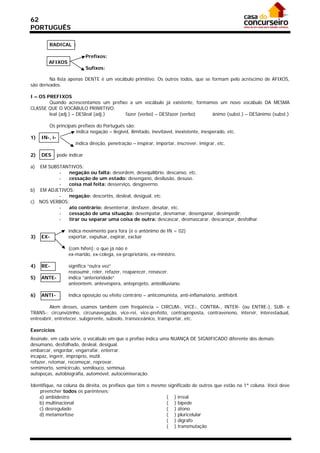 62
PORTUGUÊS

        RADICAL :

                            Prefixos:
        AFIXOS
                            Sufixos:

         Na lista apenas DENTE é um vocábulo primitivo. Os outros todos, que se formam pelo acréscimo de AFIXOS,
são derivados.

I – OS PREFIXOS
        Quando acrescentamos um prefixo a um vocábulo já existente, formamos um novo vocábulo DA MESMA
CLASSE QUE O VOCÁBULO PRIMITIVO:
        leal (adj.) – DESleal (adj.)  fazer (verbo) – DESfazer (verbo)    ânimo (subst.) – DESânimo (subst.)

        Os principais prefixos do Português são:
                     indica negação – ilegível, ilimitado, inevitável, inexistente, inesperado, etc.
1)   IN-, i-
                     indica direção, penetração – inspirar, importar, inscrever, imigrar, etc.

2)   DES     pode indicar

a) EM SUBSTANTIVOS:
          -   negação ou falta: desordem, desequilíbrio, descanso, etc.
          -   cessação de um estado: desengano, desilusão, desuso.
          -   coisa mal feita: desserviço, desgoverno.
b) EM ADJETIVOS:
          -   negação: descortês, desleal, desigual, etc.
c) NOS VERBOS:
          -   ato contrário: desenterrar, desfazer, desatar, etc.
          -   cessação de uma situação: desempatar, desmamar, desenganar, desimpedir.
          -   tirar ou separar uma coisa de outra: descascar, desmascarar, descaroçar, desfolhar.

                  indica movimento para fora (é o antônimo de IN = 02)
3)   EX-          exportar, expulsar, expirar, excluir

                  (com hífen): o que já não é
                  ex-marido, ex-colega, ex-proprietário, ex-ministro.

4)   RE-          significa “outra vez”
                  reassumir, reler, refazer, reaparecer, renascer.
5)   ANTE-        indica “anterioridade”
                  anteontem, antevéspera, anteprojeto, antediluviano.

6)   ANTI-        indica oposição ou efeito contrário – anticomunista, anti-inflamatório, antifebril.

         Alem desses, usamos também com freqüência – CIRCUM-, VICE-, CONTRA-, INTER- (ou ENTRE-), SUB- e
TRANS-: circunvizinho, circunavegação, vice-rei, vice-prefeito, contraproposta, contraveneno, intervir, interestadual,
entreabrir, entretecer, subgerente, subsolo, transoceânico, transportar, etc.

Exercícios
Assinale, em cada série, o vocábulo em que o prefixo indica uma NUANÇA DE SIGNIFICADO diferente dos demais:
desumano, desfolhado, desleal, desigual.
embarcar, engordar, engarrafar, enterrar.
incapaz, ingerir, impróprio, inútil.
refazer, retomar, recomeçar, reprovar.
semimorto, semicírculo, semilouco, seminua.
autopeças, autobiografia, automóvel, autocomiseração.

Identifique, na coluna da direita, os prefixos que têm o mesmo significado de outros que estão na 1ª coluna. Você deve
    preencher todos os parênteses:
    a) ambidestro                                             ( ) irreal
    b) multinacional                                          ( ) bípede
    c) desregulado                                            ( ) átono
    d) metamorfose                                            ( ) pluricelular
                                                              ( ) dígrafo
                                                              ( ) transmutação
 